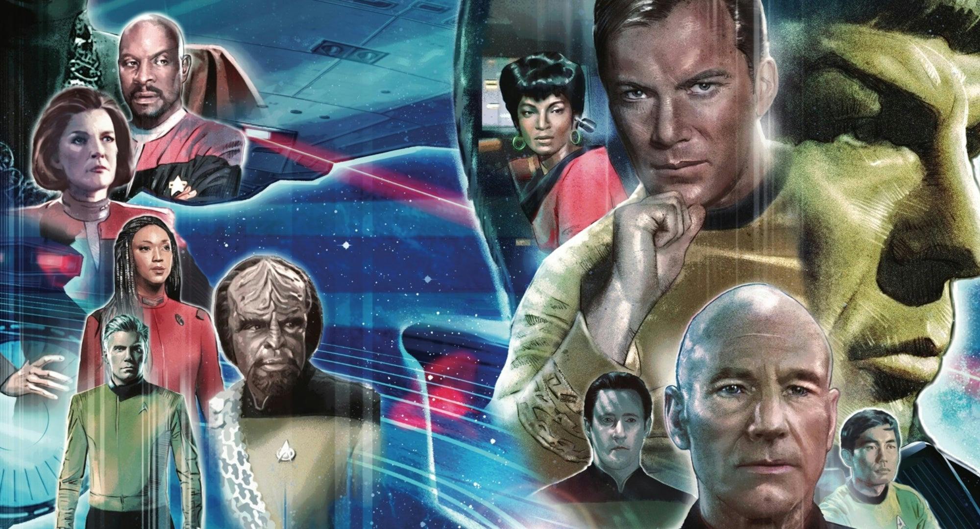 A collage of Star Trek characters from a variety of shows, including Spock, Kirk, Picard, and Worf.