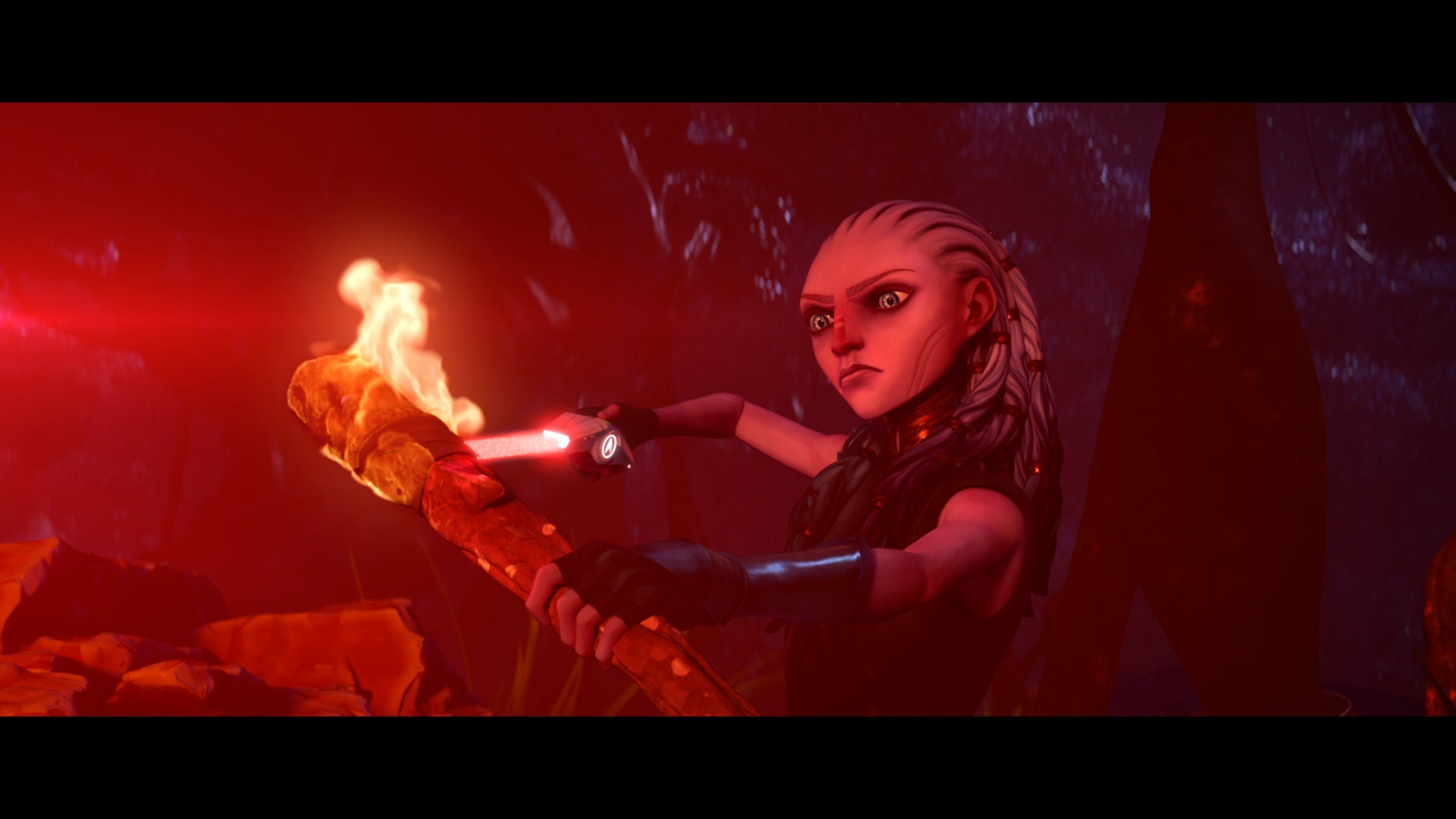 Gwyn improvises a weapon in this still from Star Trek: Prodigy