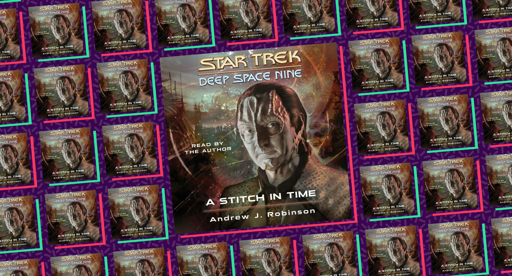 Illustrated banner featuring the audiobook cover to Star Trek: Deep Space Nine: A Stitch in Time