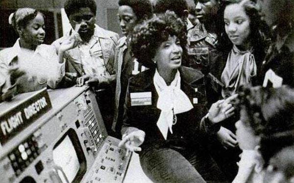 Still of Nichelle Nichols surrounded by young Black women interested in STEM from Women in Motion