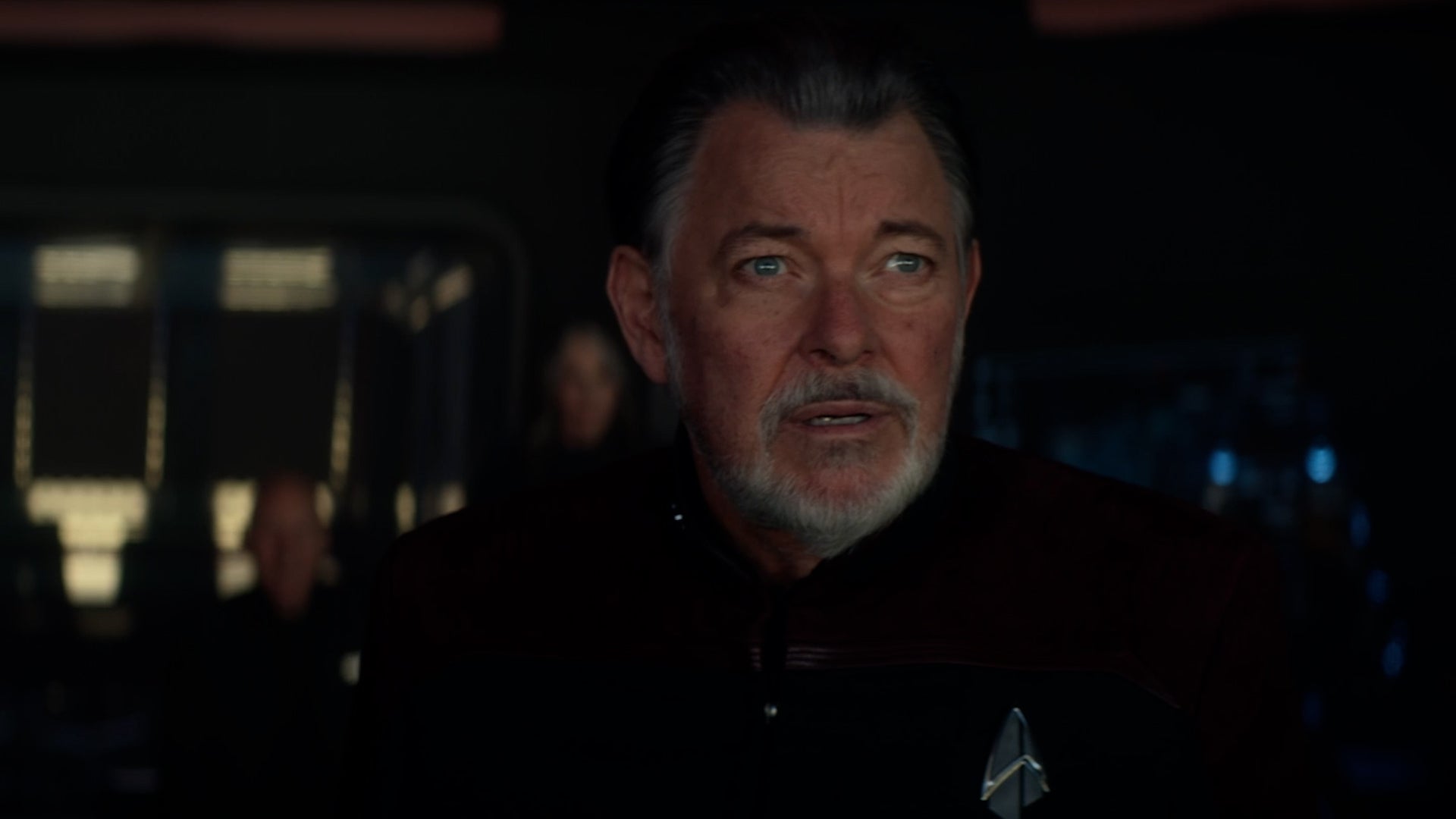 A focused Captain Riker looks ahead of him while on the bridge of the Titan in Star Trek: Picard