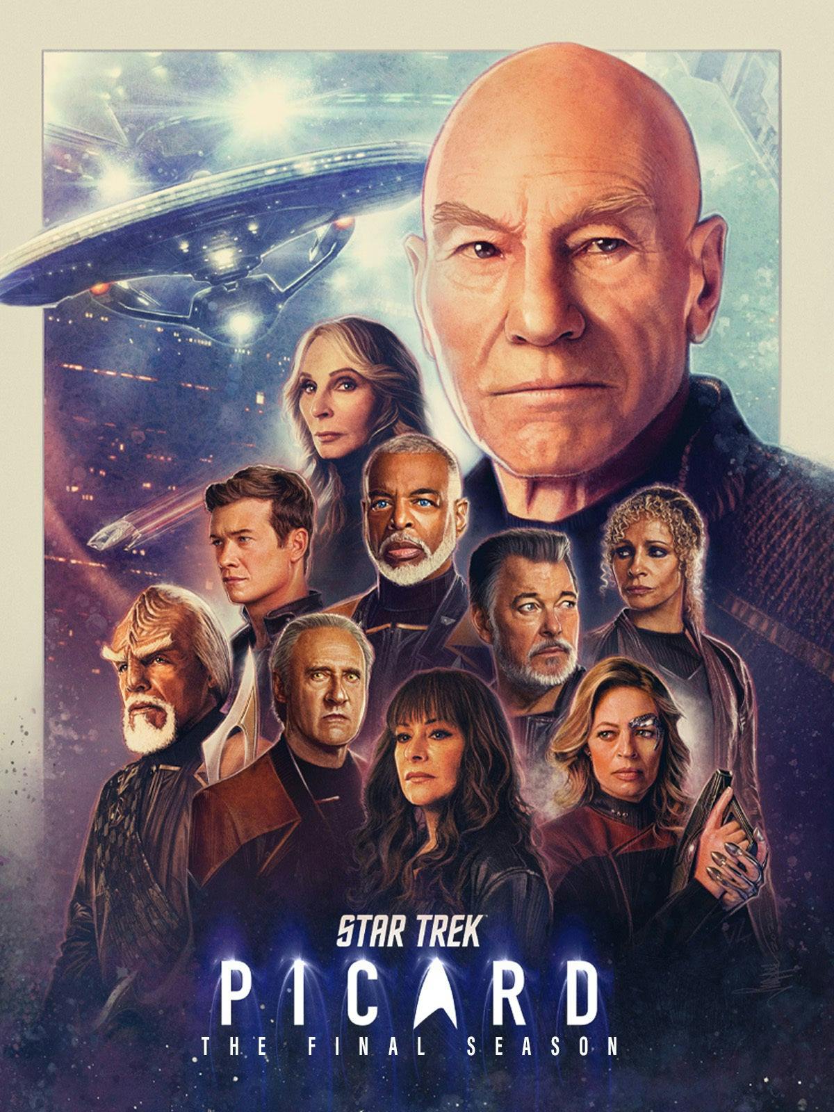 Star Trek: Picard Season 3 Ensemble Art featuring Jean-Luc Picard, Beverly Crusher, Worf, Lore, Deanna Troi, Will Riker, Raffi, Seven of Nine, and Ed Speelers' character, including the U.S.S. Titan