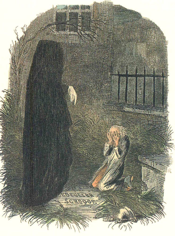 Scrooge is visited by a ghost showing him a vision of the future in this 1843 illustration from the original edition of A Christmas Carol