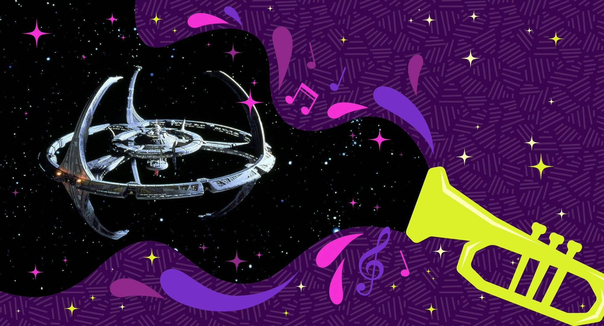 Illustrated banner of a trumpet with musical notes and the Deep Space 9 space station emerging from it