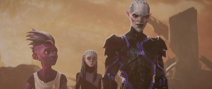 Dal looks over at The Diviner with Gwyn behind them on Star Trek: Prodigy