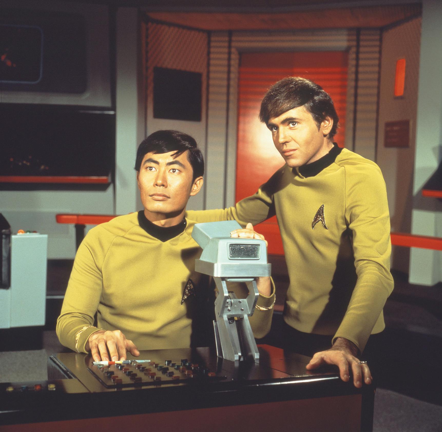 Promotional still of Sulu and Chekov on the bridge of the Enterprise in Star Trek