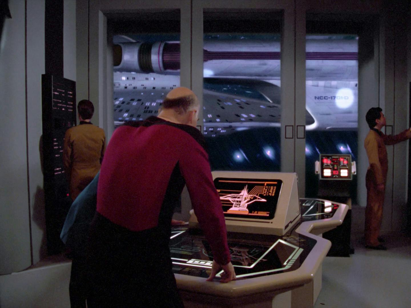 Starbase 74 command center with a view of the Enterprise-D in '11001001'