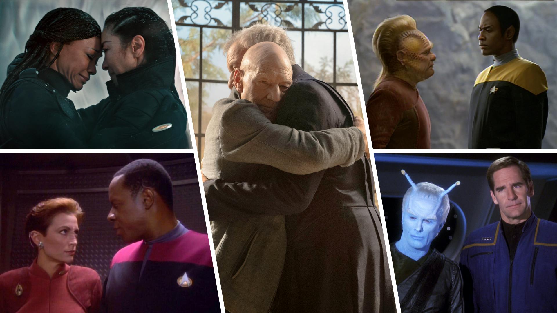 Collage of episodic stills featuring Burnham and Georgiou, Kira and Sisko, Picard and Q, Tuvok and Neelix, and Shran and Archer