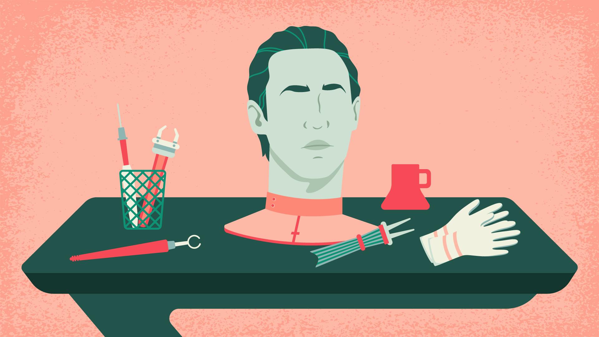 Illustration of Data's head on a table among tools, work gloves, and a mug