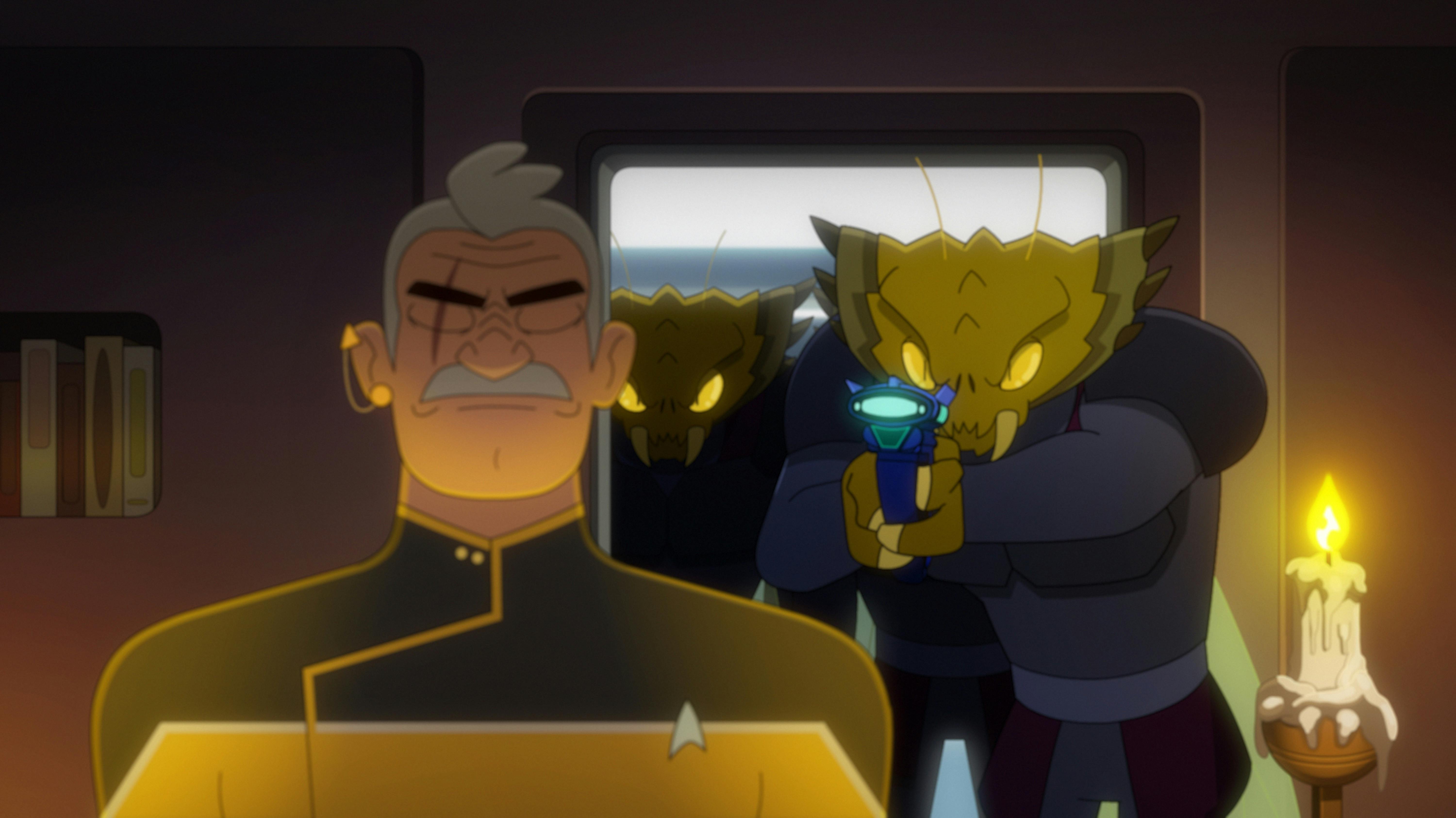 While Shaxs meditates in his quarters, a group of Clickets enter his room with phasers drawn in 'Upper Decks'