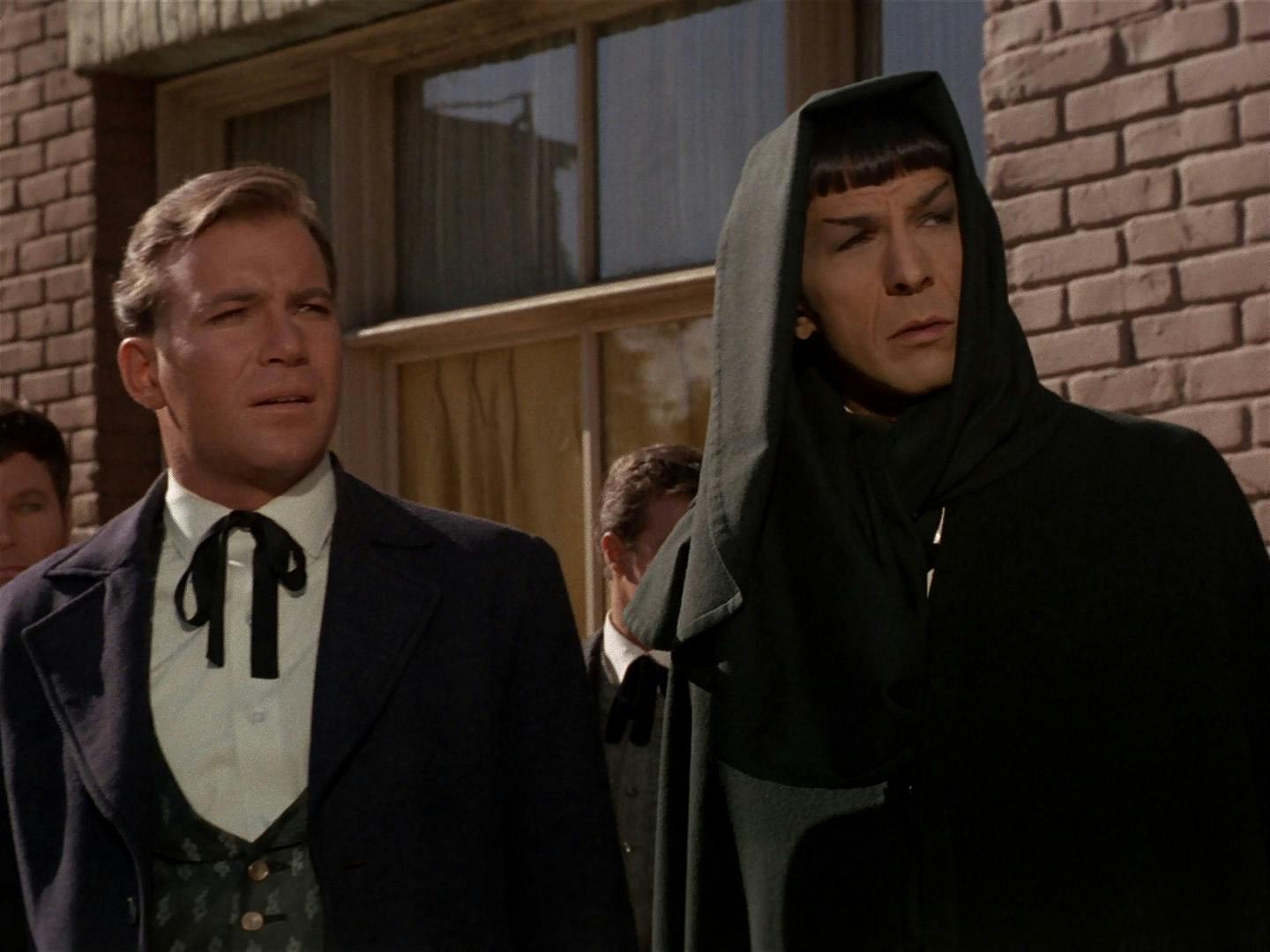 Kirk and Spock don antiquated clothes to blend in with the Betans on the surface of Beta III in 'The Return of the Archons'