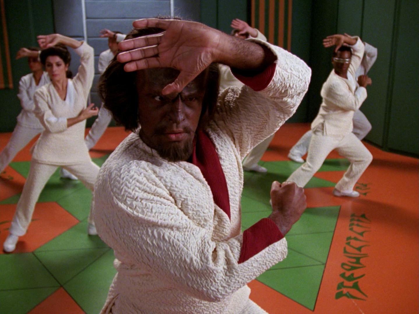 Worf shows discipline as he practices in 'Clues'