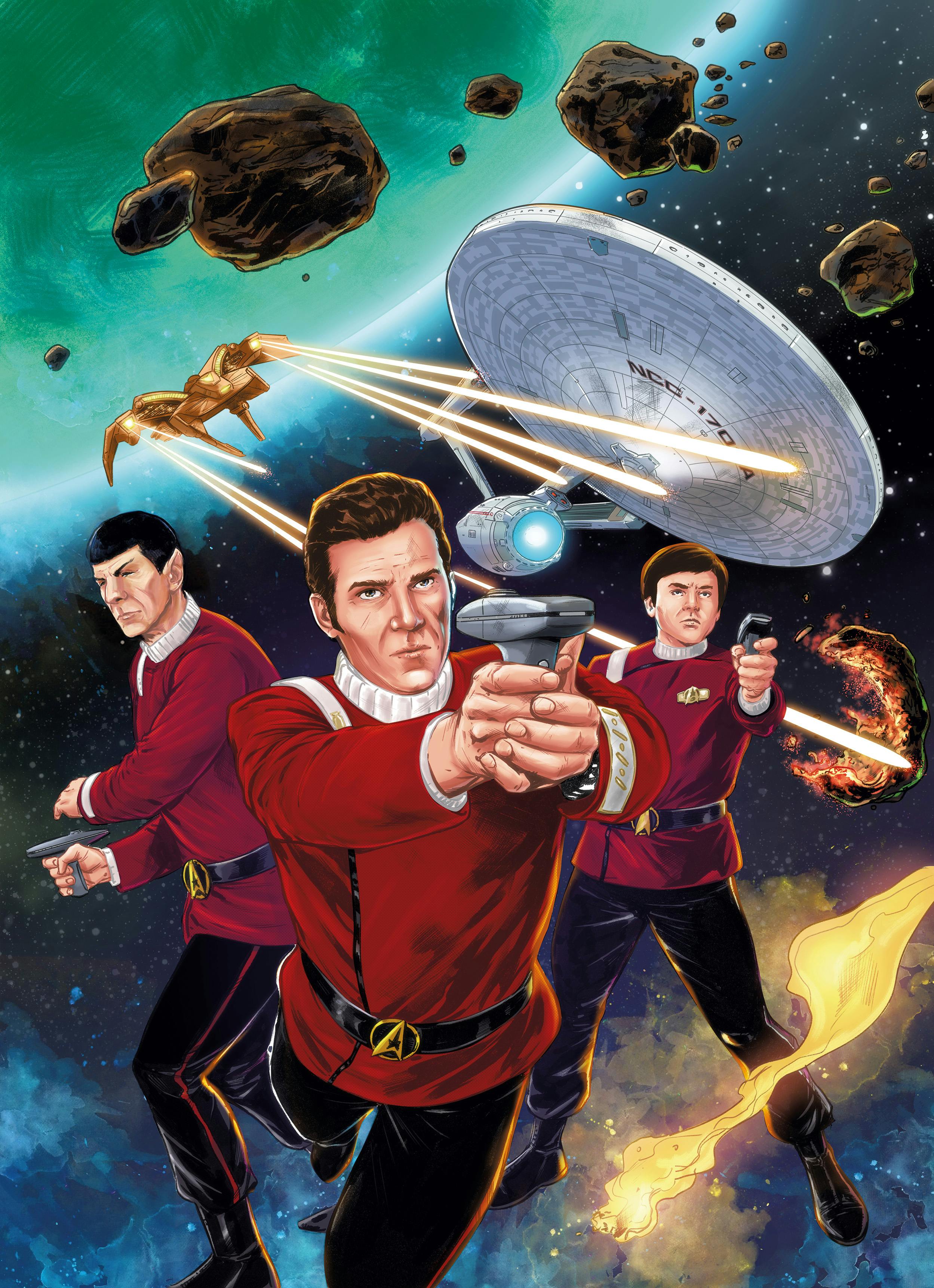 'Chekov's Challenge' artwork featuring Spock, Captain Kirk, and Chekov by Neil Edwards and Johan Paul-Bove