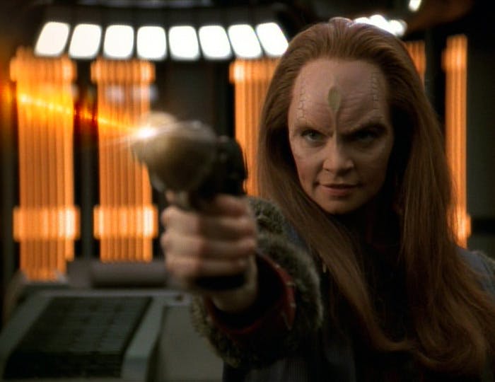 Seska fires her phaser aboard the Voyager in 'Basics, Part II'