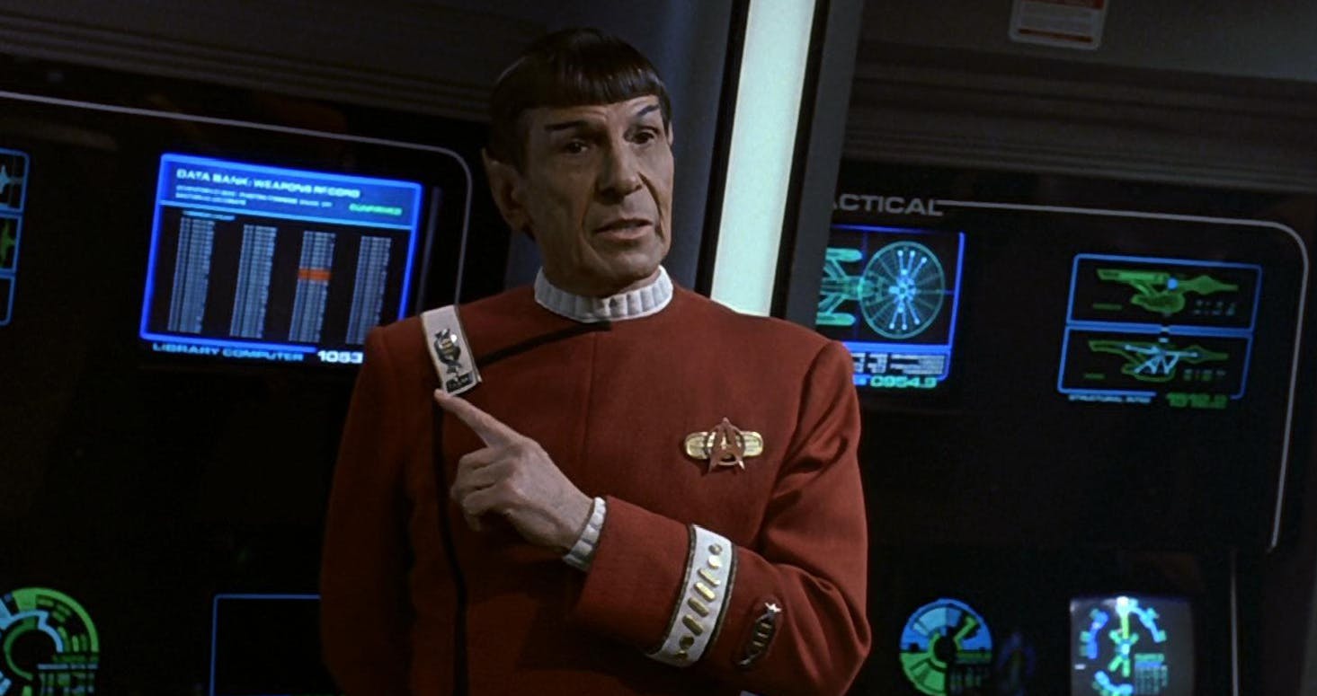 Spock at his station on the bridge of the Enterprise-A in Star Trek VI: The Undiscovered Country