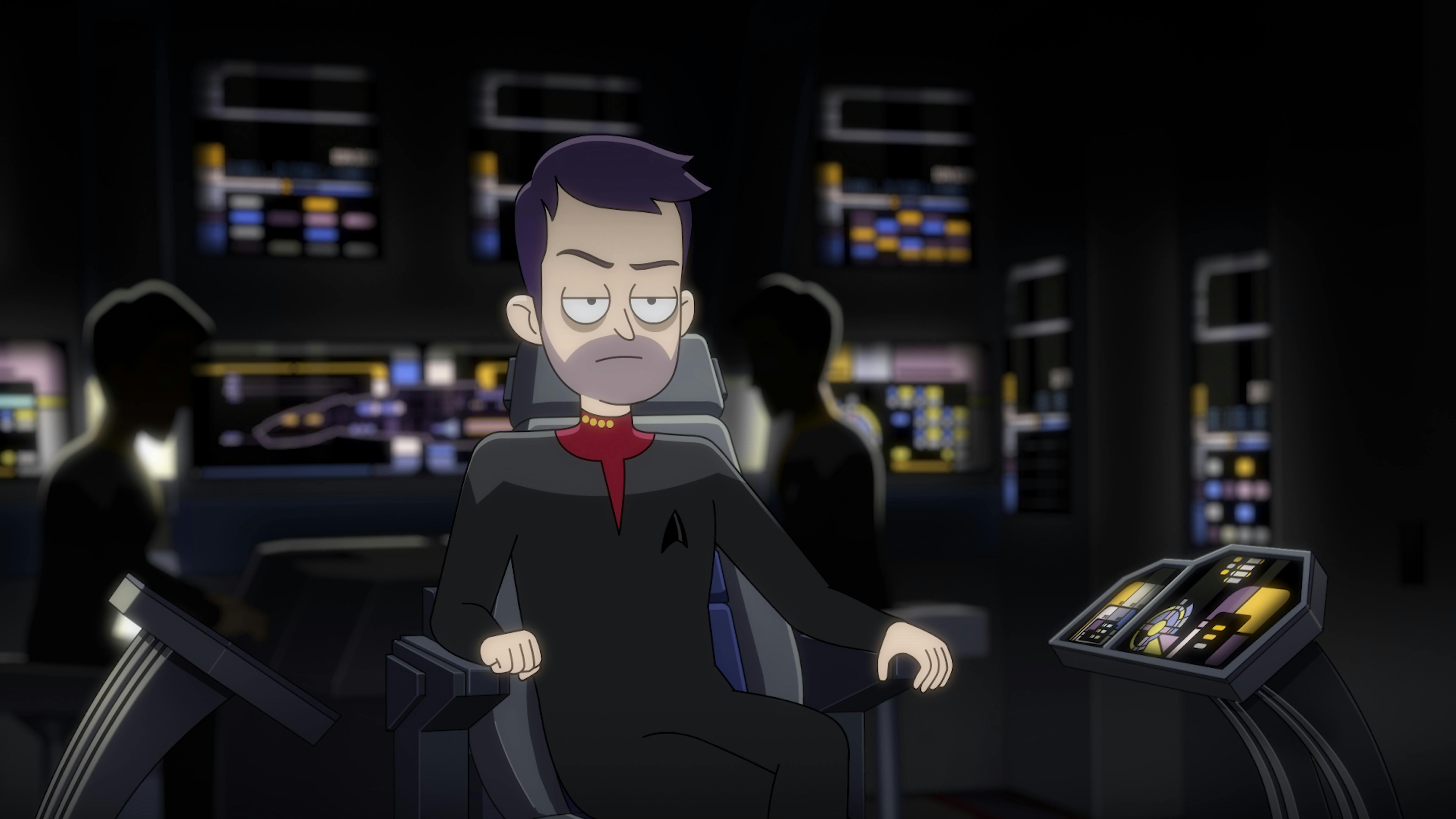 A tired and scruffy William Boimler sits at the helm of the U.S.S. Anaximander in 'Fissure Quest'