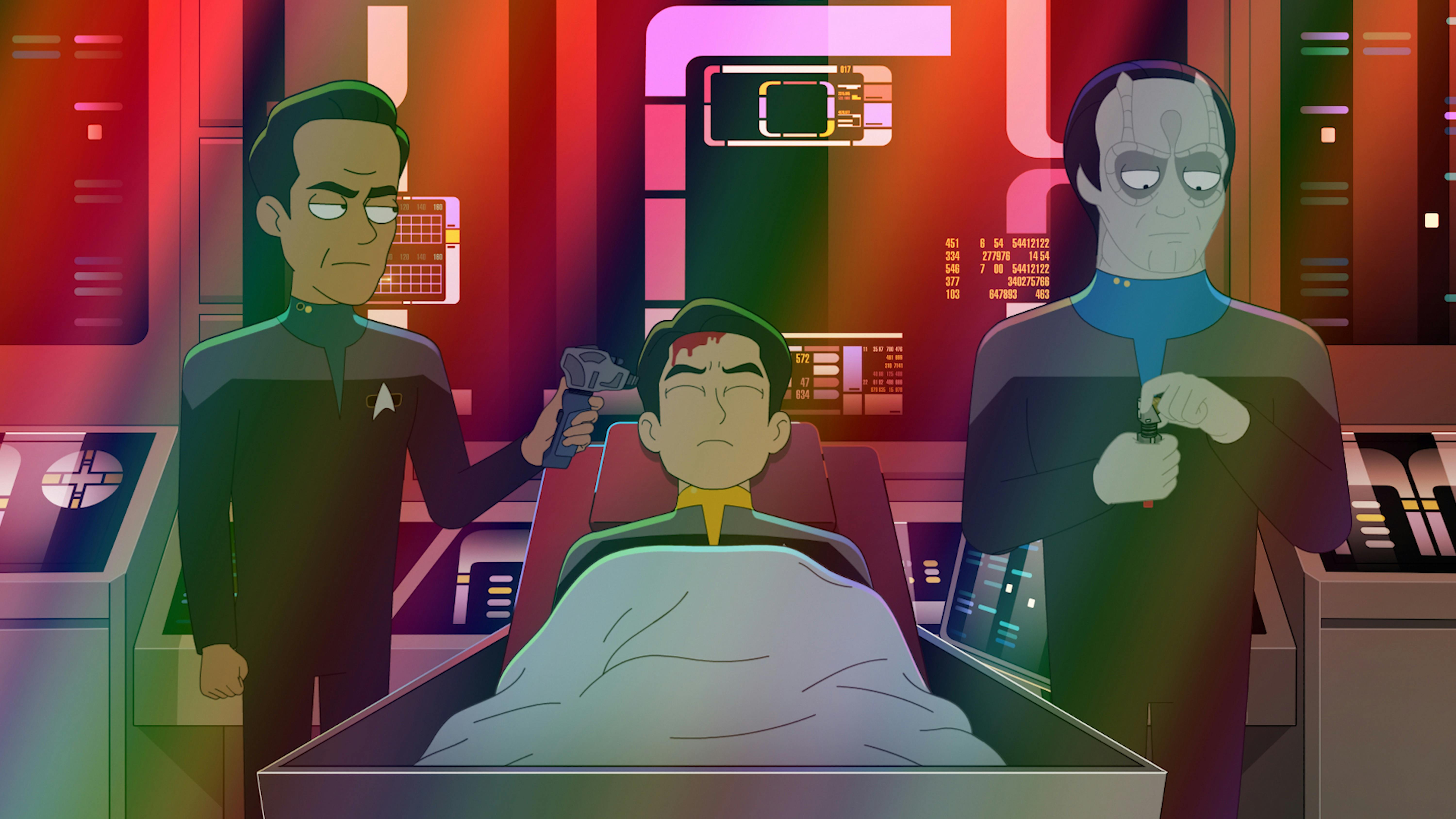 Alt Julian Bashir and Alt Garak tend to a wounded Alt Harry Kim on the U.S.S. Anaximander in 'Fissure Quest'