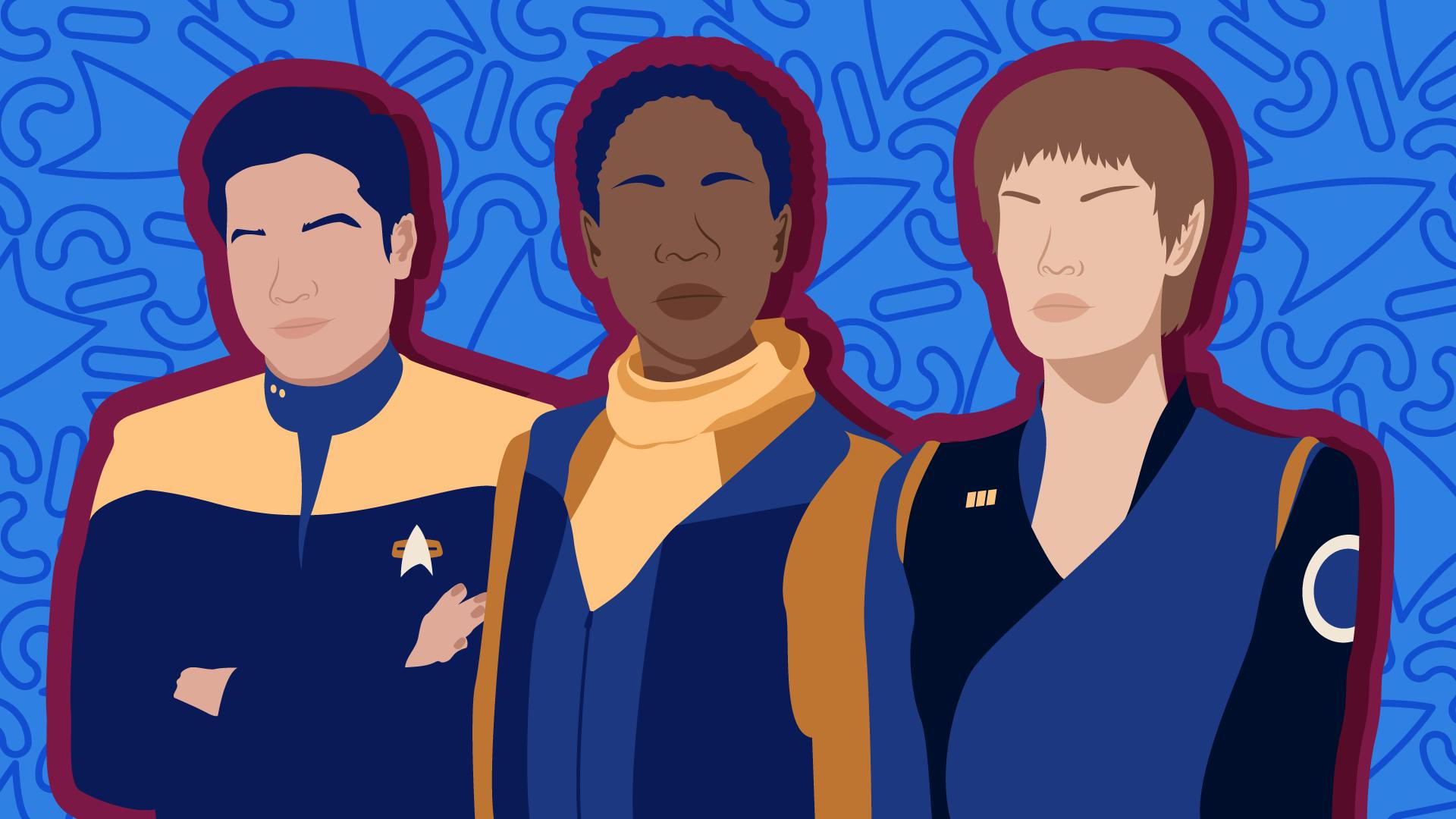 Illustration of alternate Harry Kim, Lily Sloane, and T'Pol from 'Fissure Quest' standing side-by-side