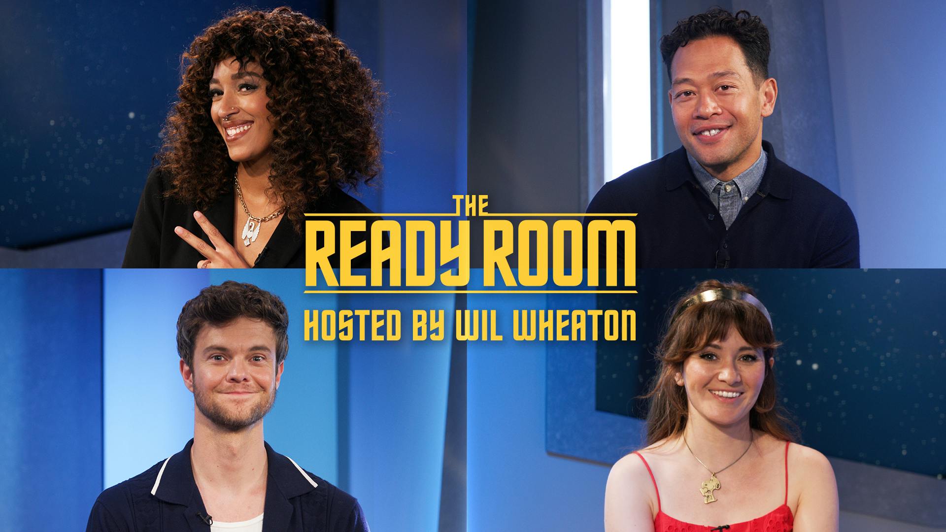 The Ready Room Hosted by Wil Wheaton text surrounded by talent Tawny Newsome, Eugene Cordero, Jack Quaid, and Noël Wells