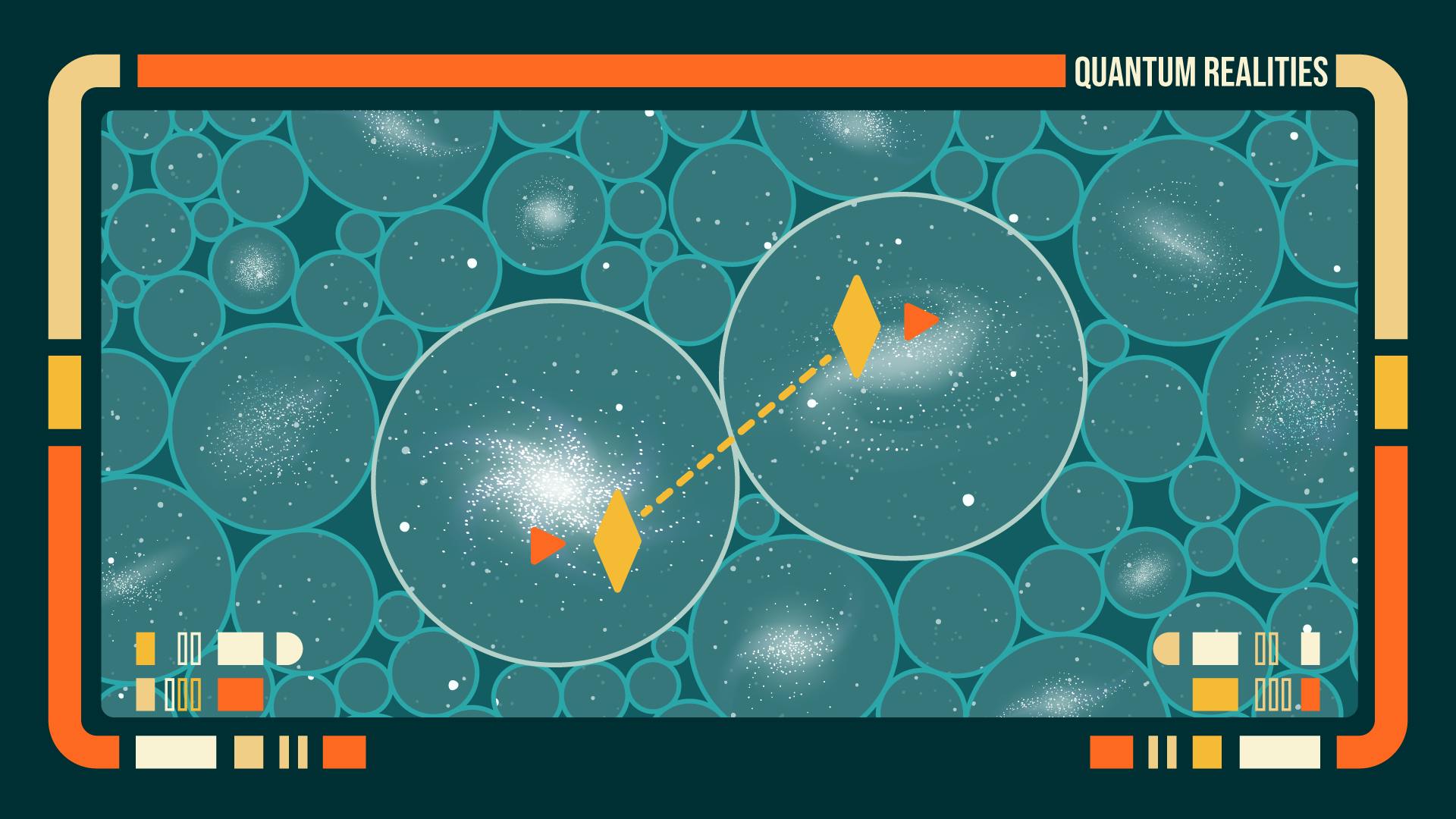 Graphic illustration showcasing an LCARs scree with quantum realities connecting through a subspace rift