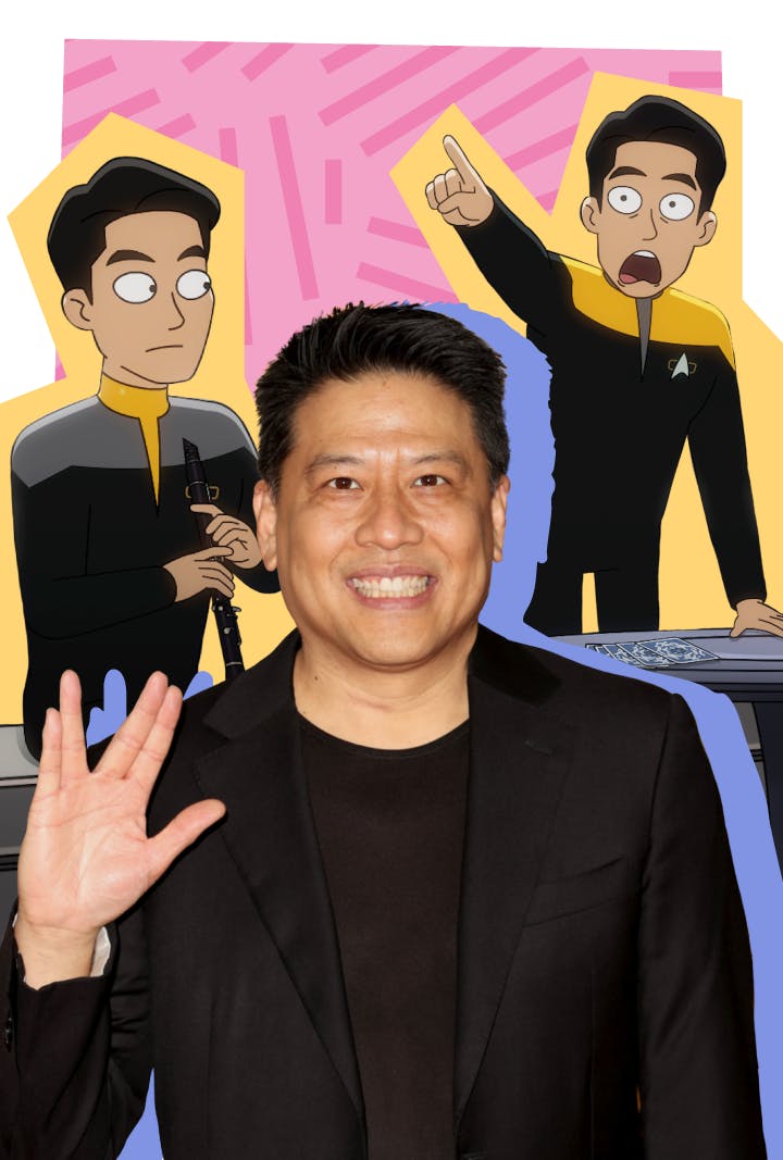 Garrett Wang poses with one hand raised in a Vulcan salute surrounded by Lower Decks variants of Harry Kim