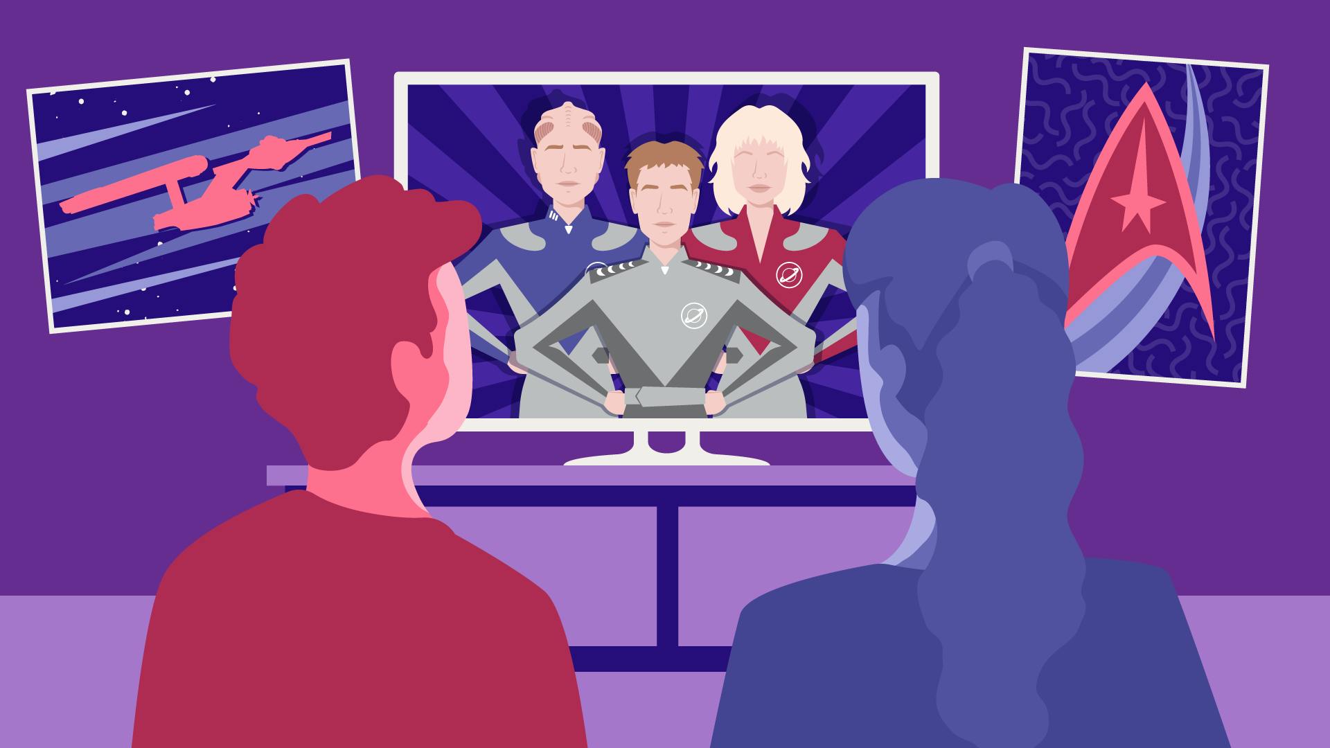 Two fans watch Galaxy Quest on their monitor as Star Trek posters adorn their wall