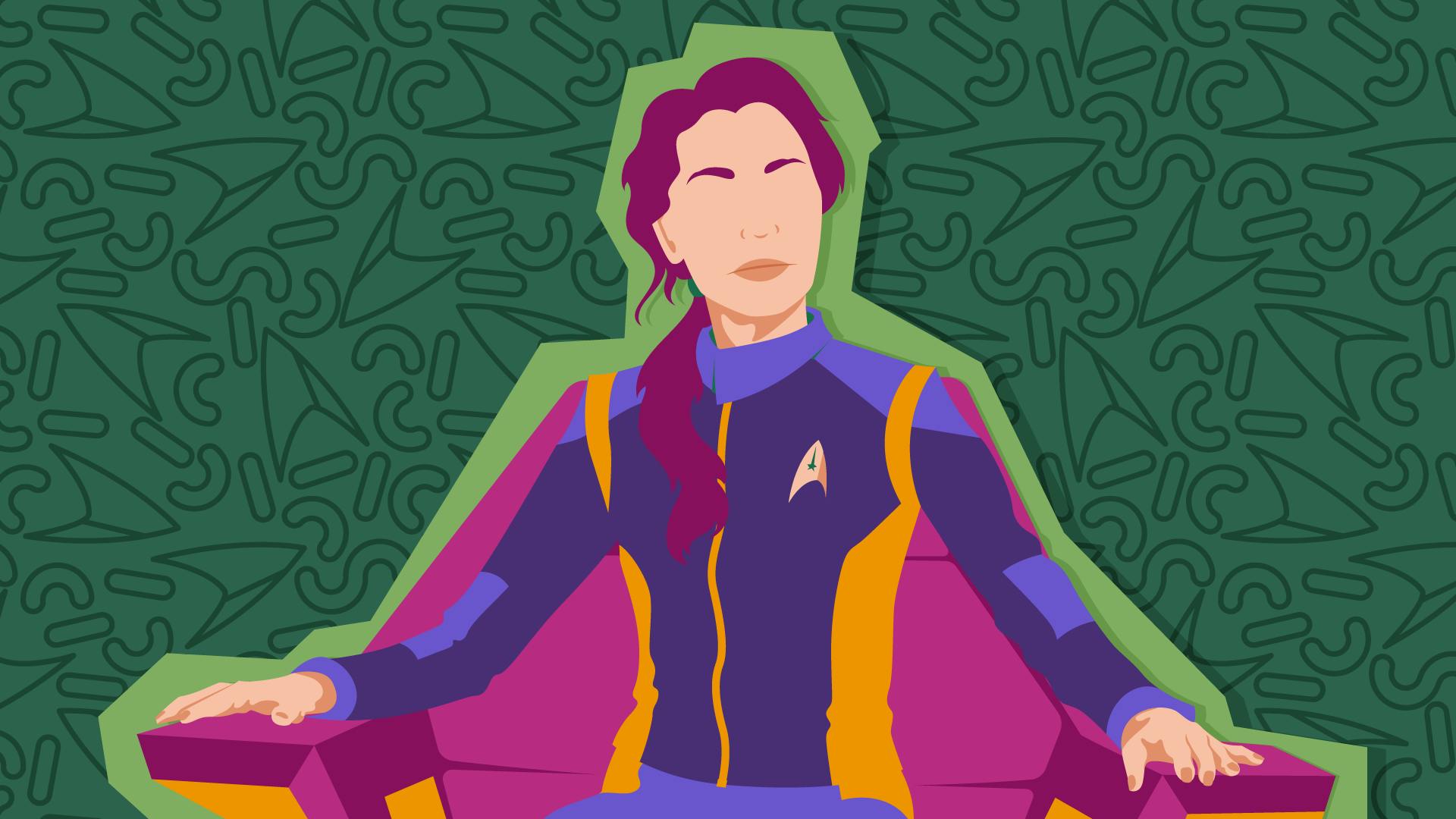 Graphic illustration of Captain Georgiou seated in the center seat on the Shenzhou