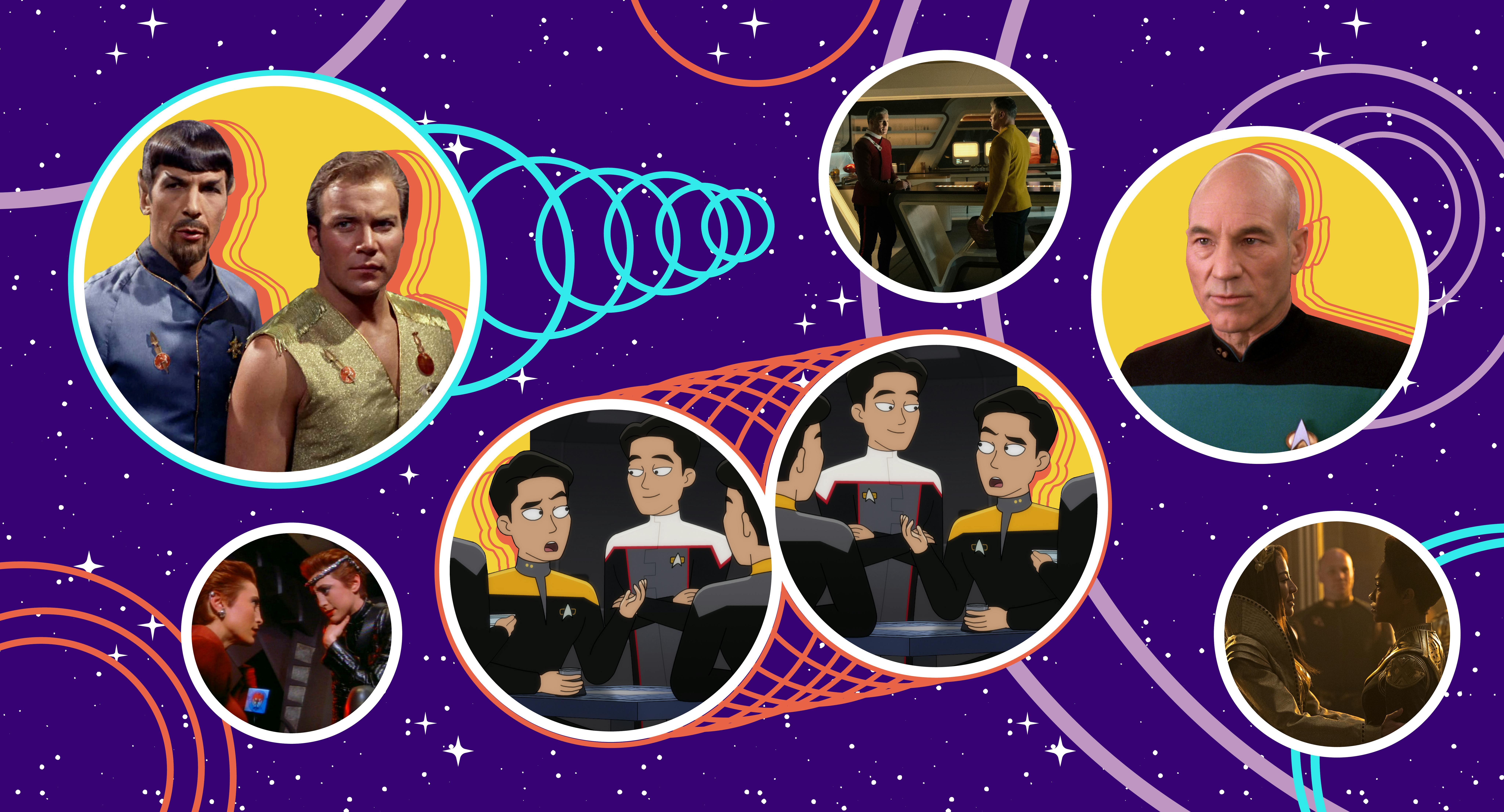 Collage of episodic stills featuring Star Trek's parallel dimensions episodes including 'Mirror, Mirror,' 'Fissure Quest,' 'Tapestry,' 'Crossover,' 'Parallels,' and 'Quality of Mercy'