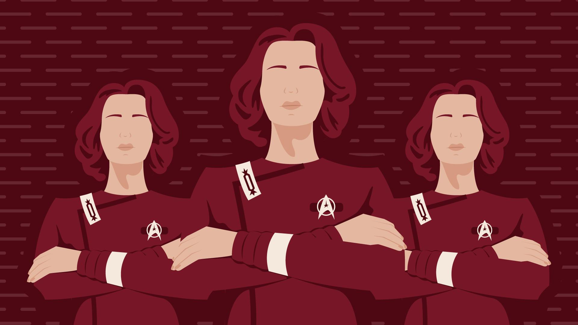 Graphic illustration of Captain Rachel Garrett with her arms folded