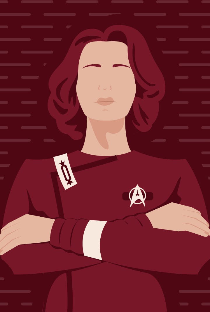 Graphic illustration of Captain Rachel Garrett with her arms folded