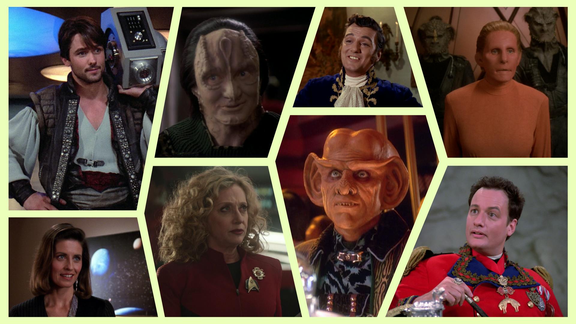 Collage featuring epiodic stills of Thadiun Okano, Elim Garak, Trelane, Changeling, Vash, Pelia, Quark, and Q