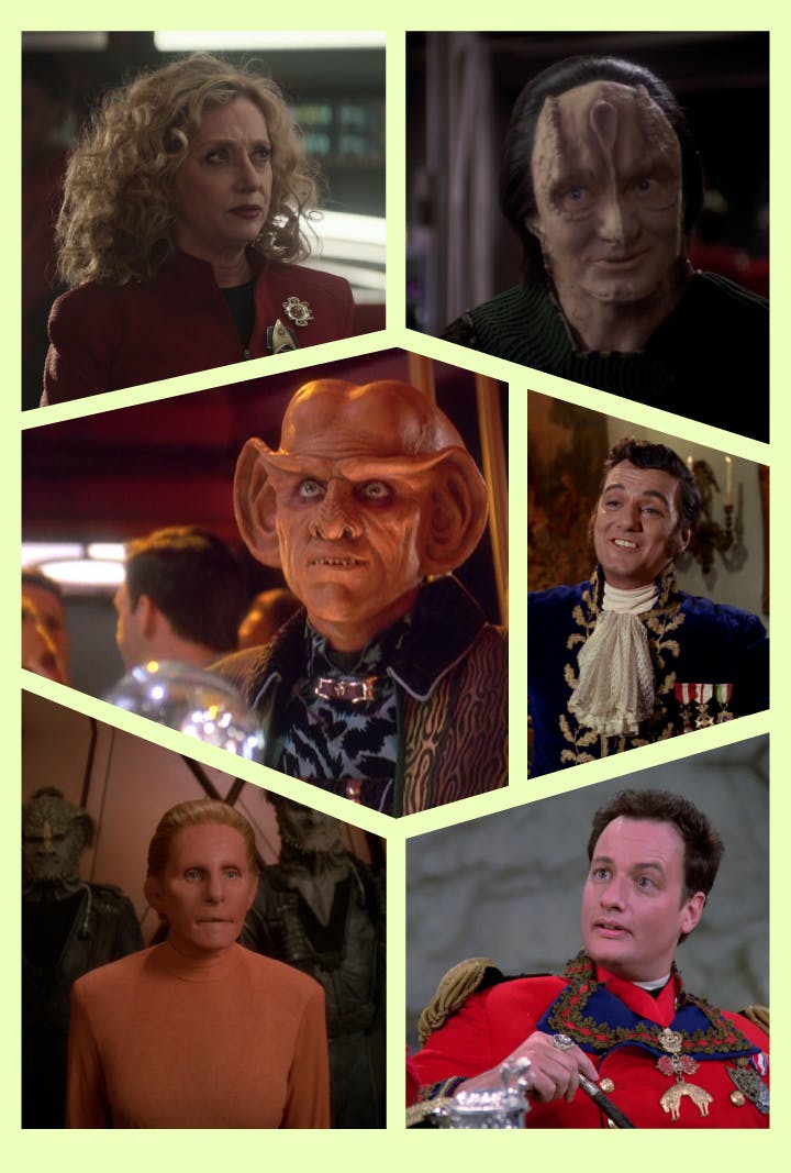 Collage featuring epiodic stills of Thadiun Okano, Elim Garak, Trelane, Changeling, Vash, Pelia, Quark, and Q