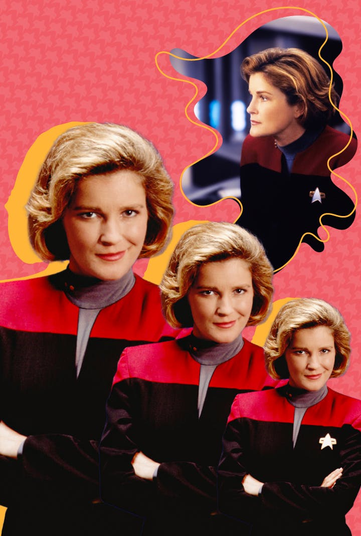 Collage of episodic stills of Captain Kathyrn Janeway