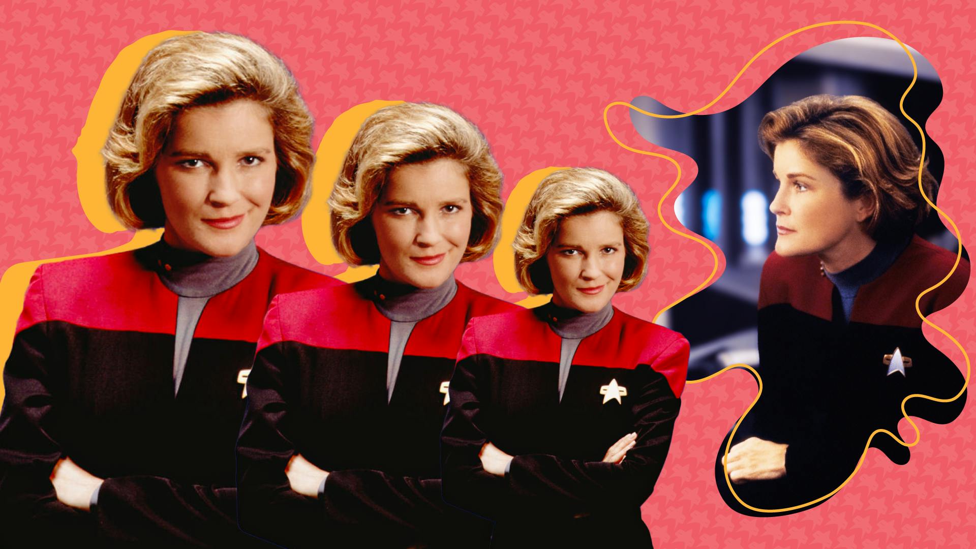 Collage of episodic stills of Captain Kathyrn Janeway