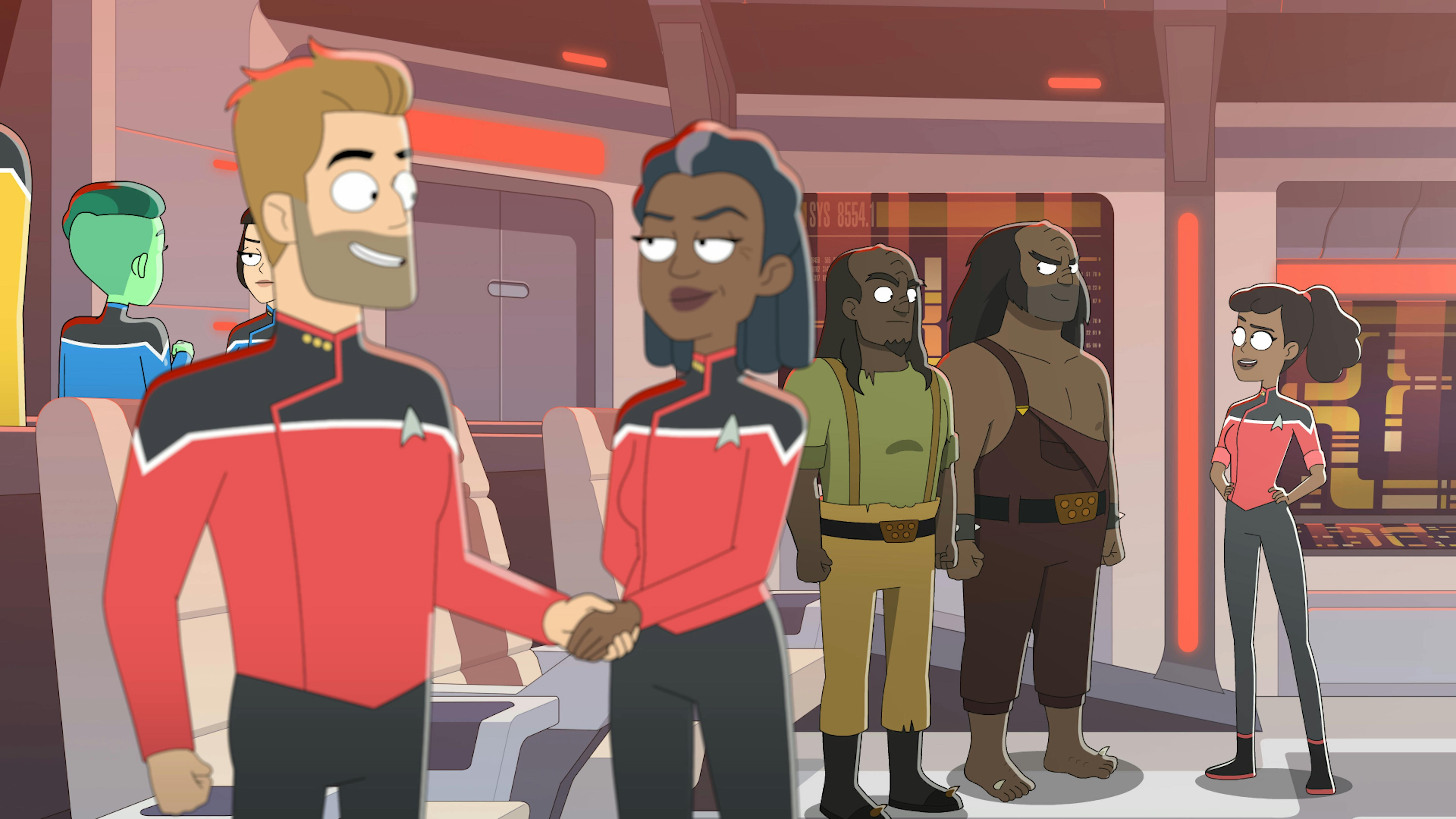 Captain Freeman shakes Ransom's hand as Tendi, T'Lyn, Ma'ah, and Mariner stand behind them on the Cerritos bridge in 'The New Next Generation'