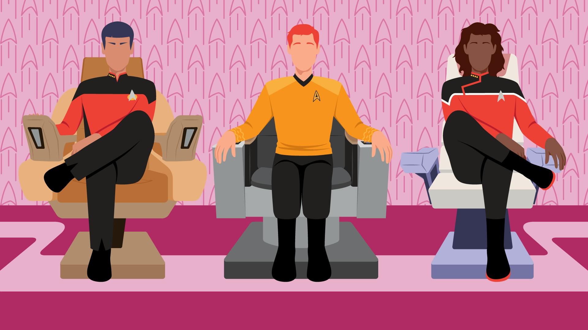 Graphic illustration of several Starfleet officers in the captain's chair 