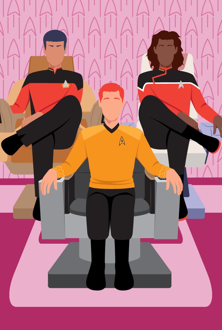 Graphic illustration of several Starfleet officers in the captain's chair 