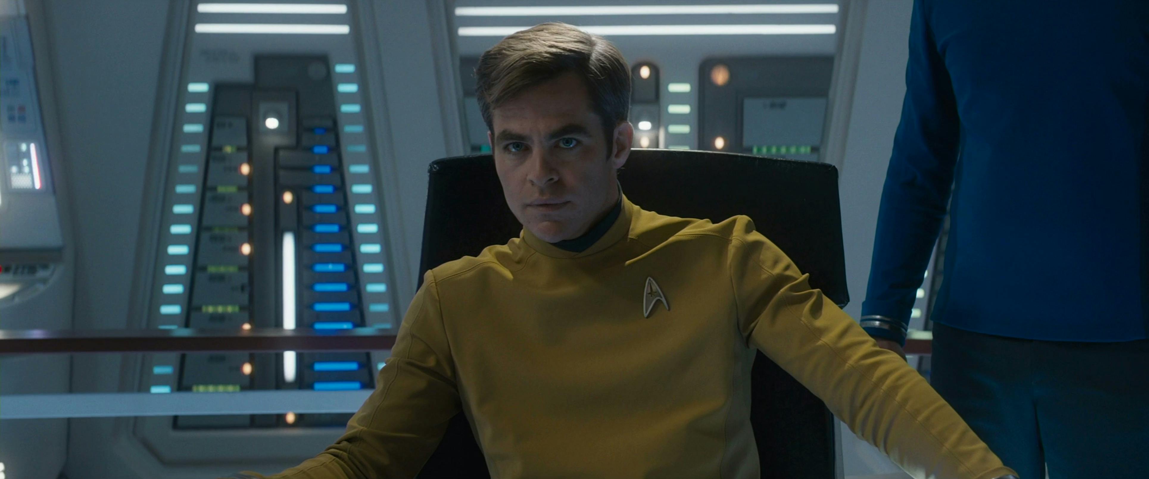 Close-up of Captain Kirk in the Enterprise's center seat in Star Trek Beyond