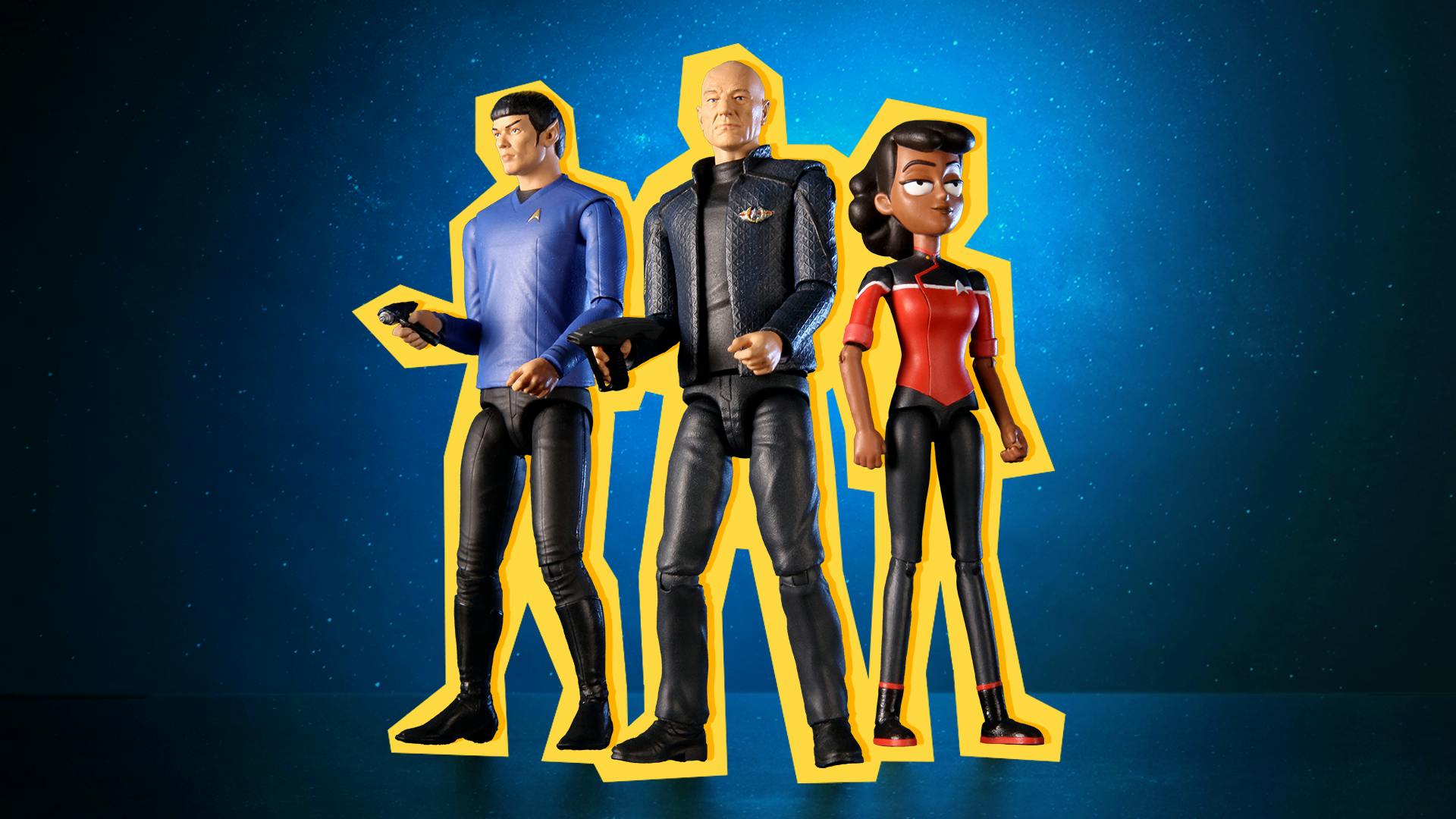 Master Replicas action figures of Spock, Picard, and Mariner