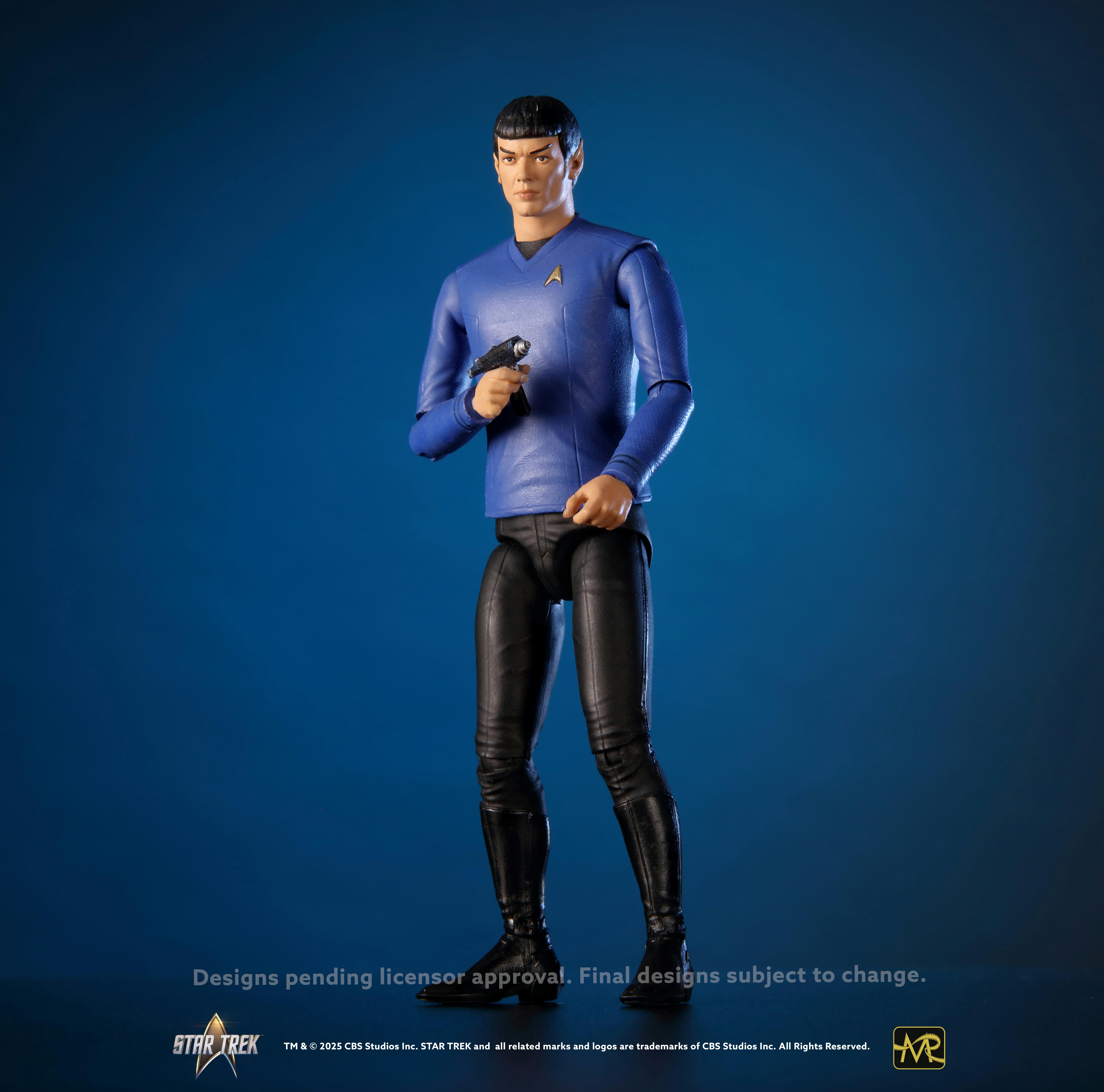 Master Replicas action figure based on Strange New Worlds' Spock holding a phaser