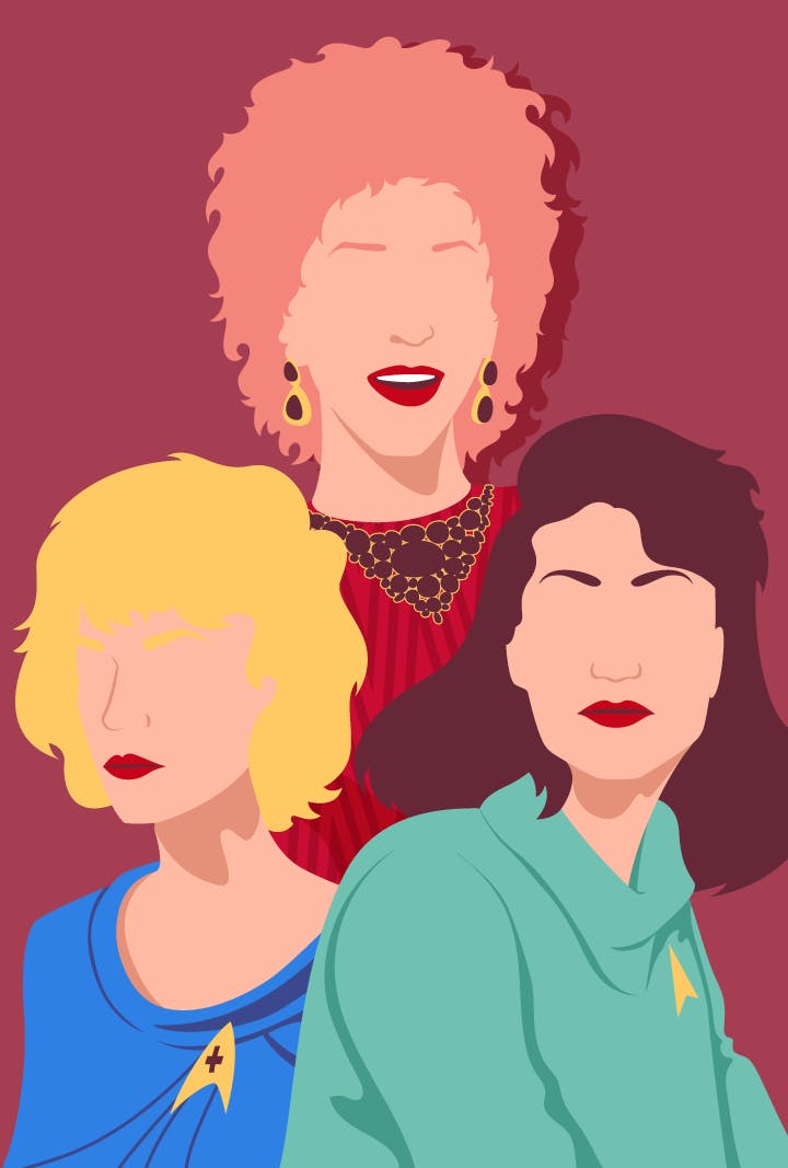 Graphic illustration of Majel Barrett Roddenberry's Star Trek roles Nurse Christine Chapel, Lwaxana Troi, and Number One