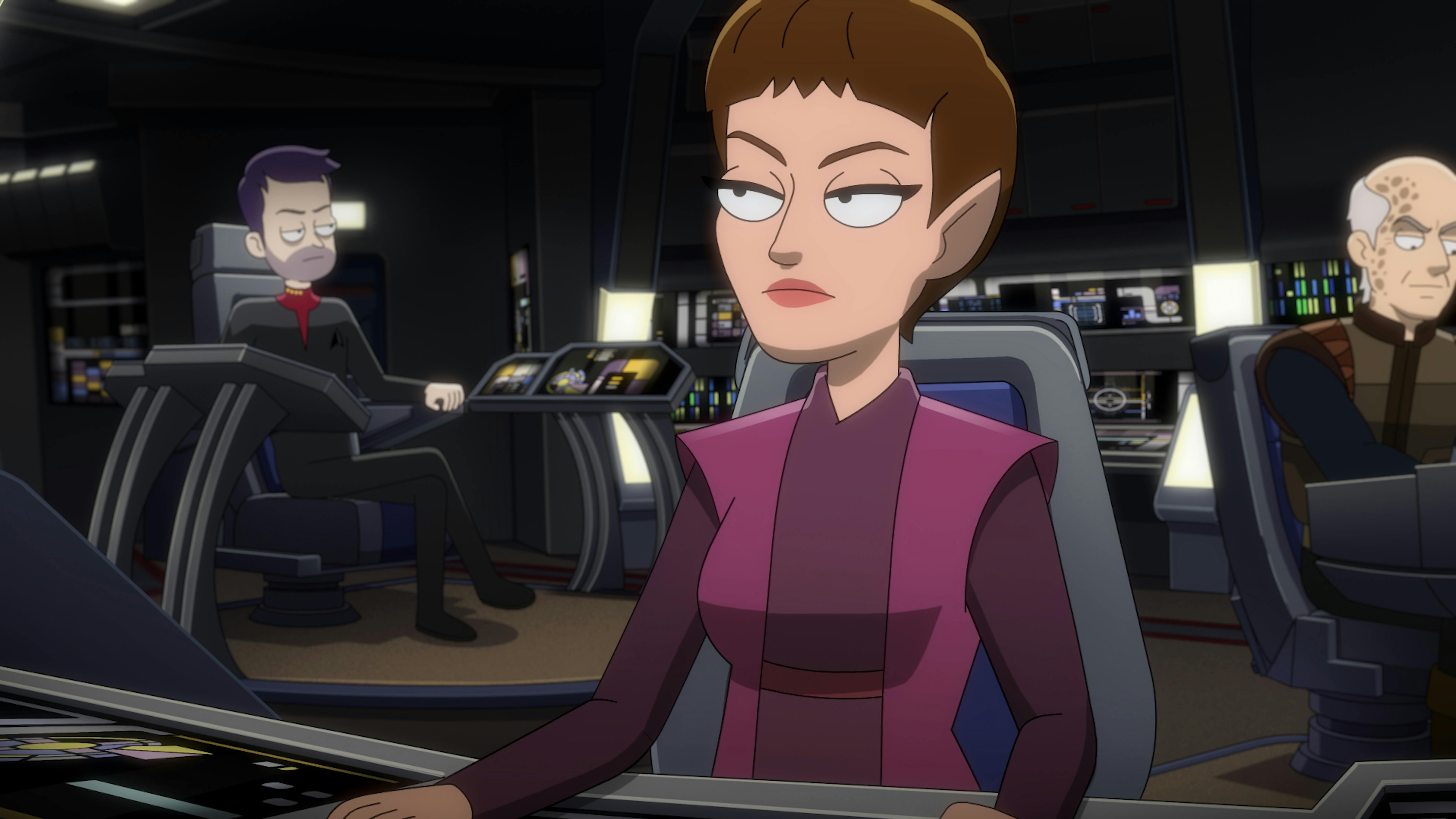 An alternate reality T'Pol sits at her station on the U.S.S. Anaximander, helmed by Captain William Boimler, in 'Fissure Quest'