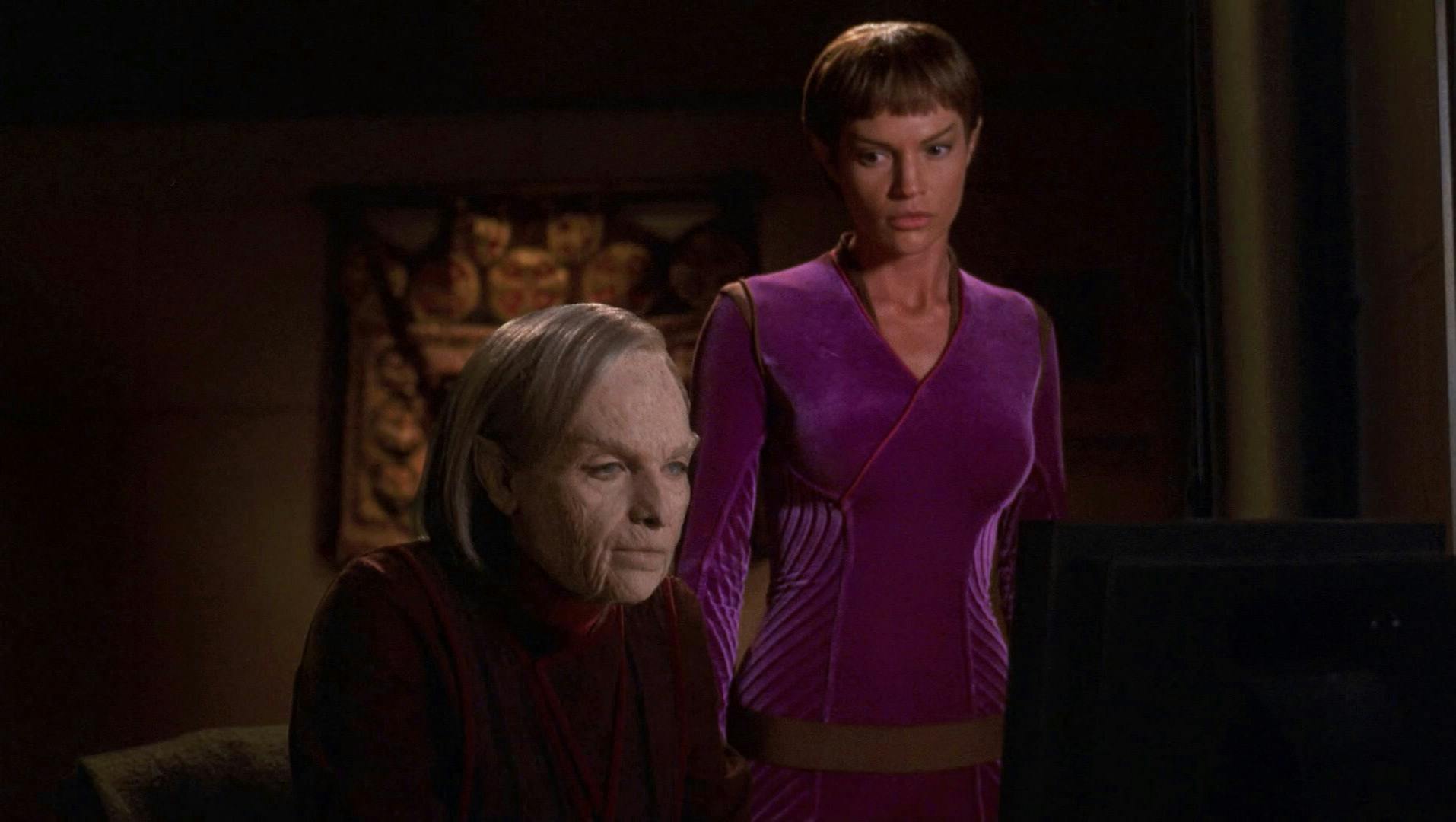 T'Pol faces the facts as she stands beside an elder T'Pol from the future in 'E²'