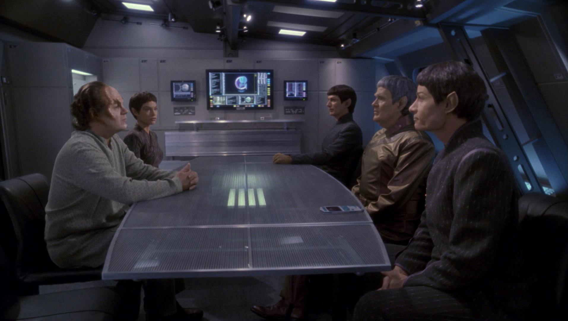 T'Pol sits at a probing investigation surrounding Pa’nar Syndrome in 'Stigma'