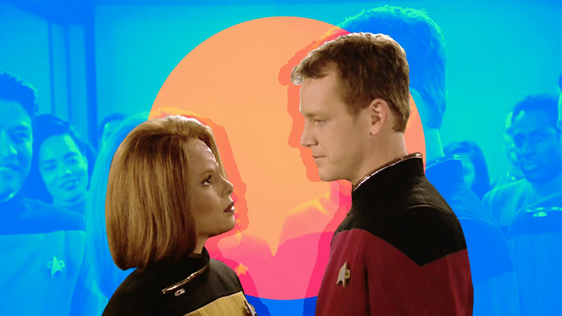 Stylized episodic still of Tom and B'Elanna Torres looking directly at each other