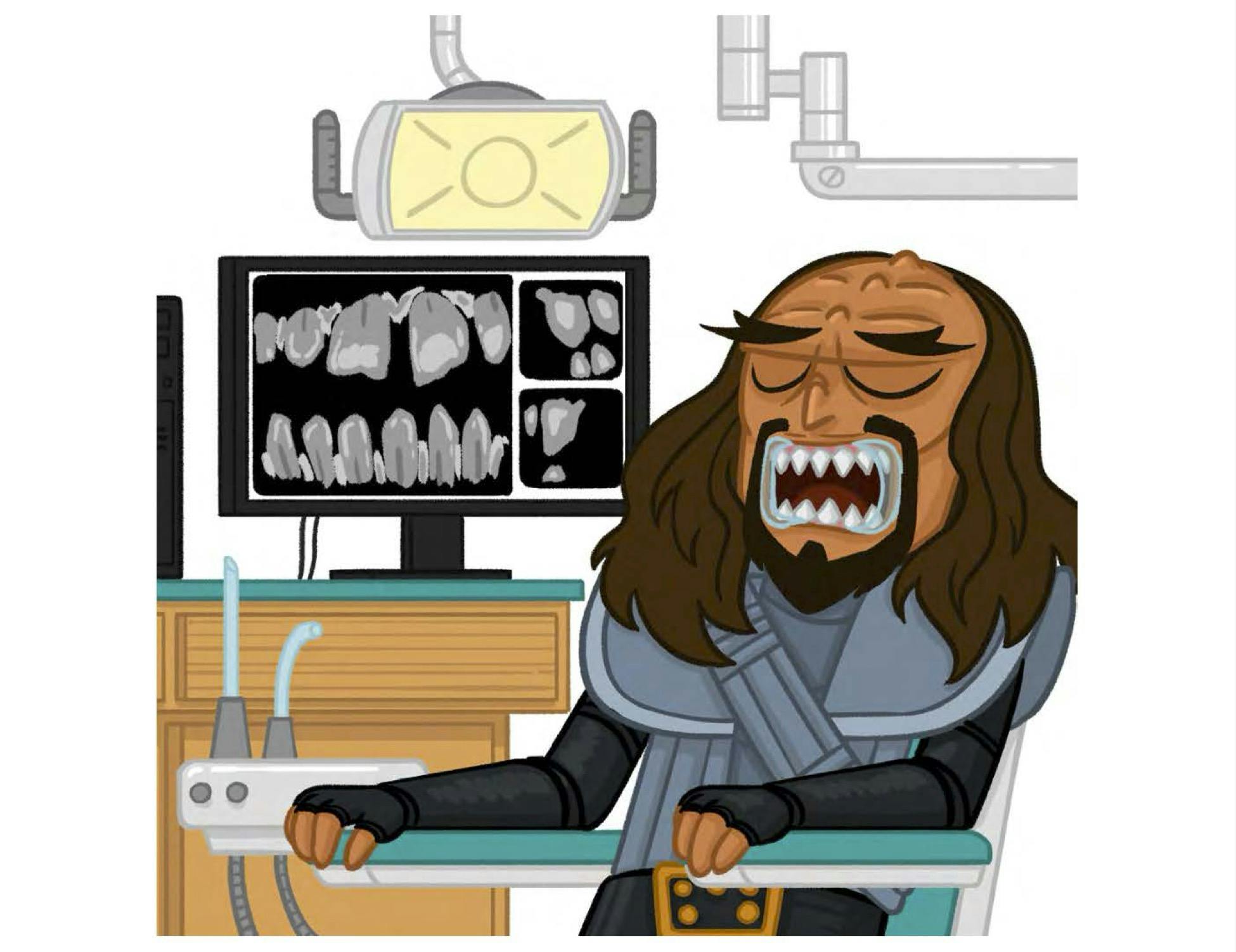 An illustration of a Klingon warrior in the dentist chair with a mouth stopper in place and his teeth on display on a monitor next to him from 'Klingon Next Door: Off Duty the Warrior's Way'