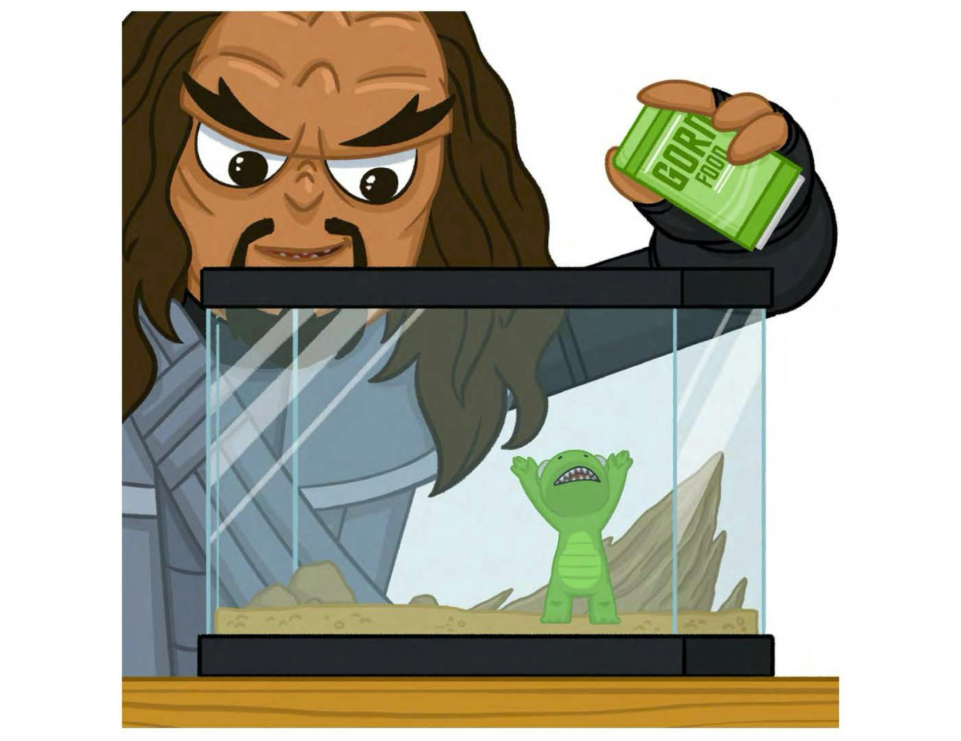 An illustration of a Klingon warrior feeding his baby Gorn in a tiny pet tank from 'Klingon Next Door: Off Duty the Warrior's Way'