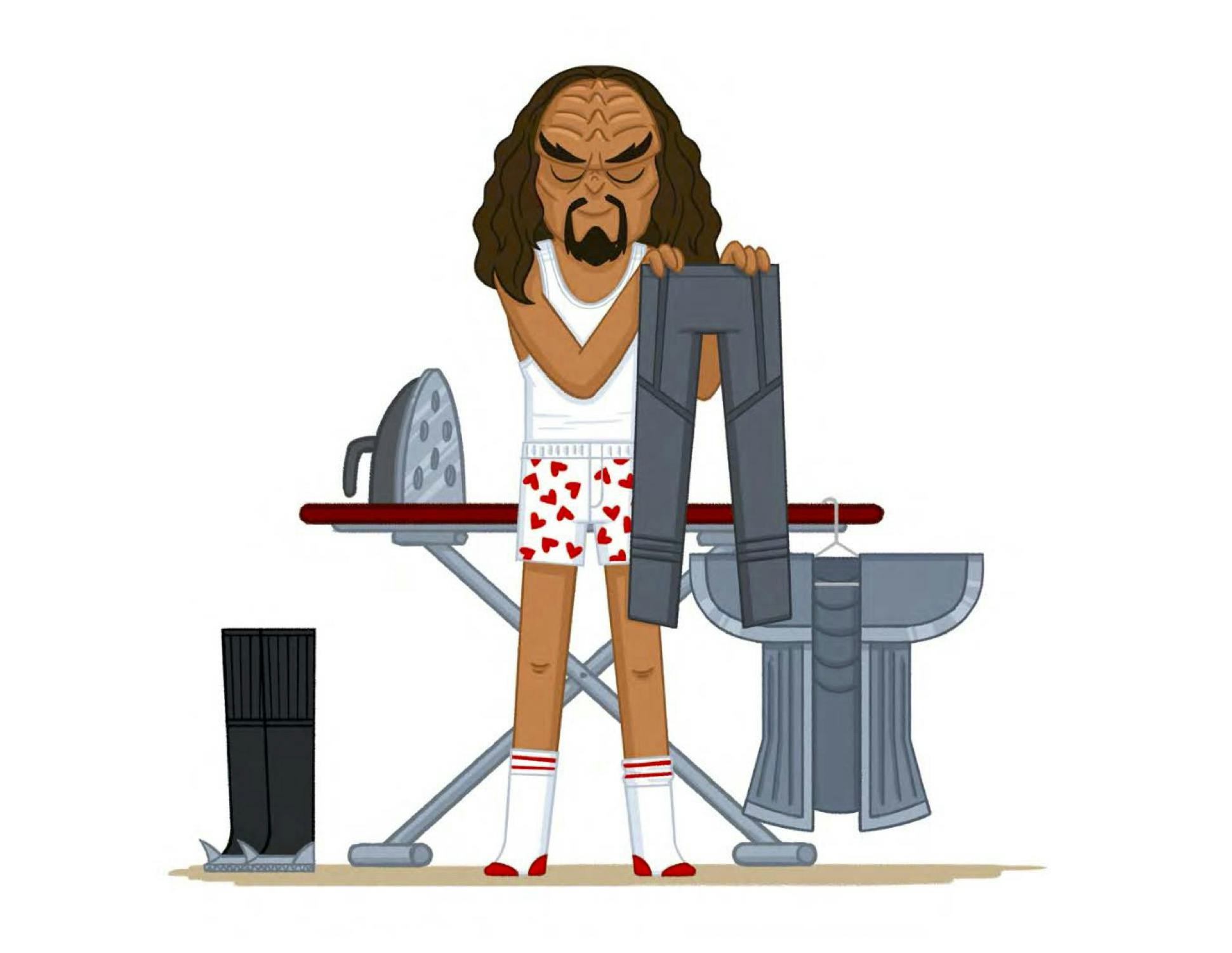 An illustration of a Klingon warrior in his underwear next to an ironing board tending to his uniform from 'Klingon Next Door: Off Duty the Warrior's Way'