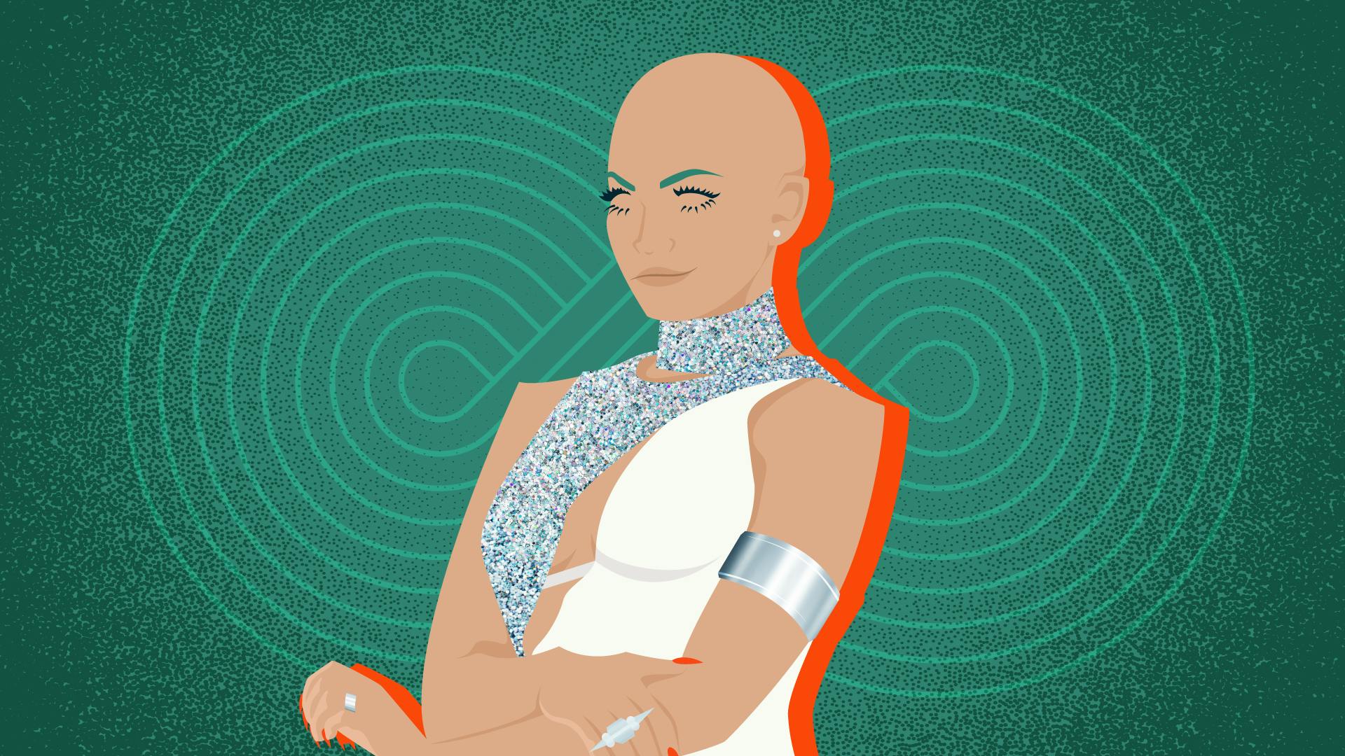 Graphic illustration of the Deltan Melle, from Star Trek: Section 31, seated with her arms crossed