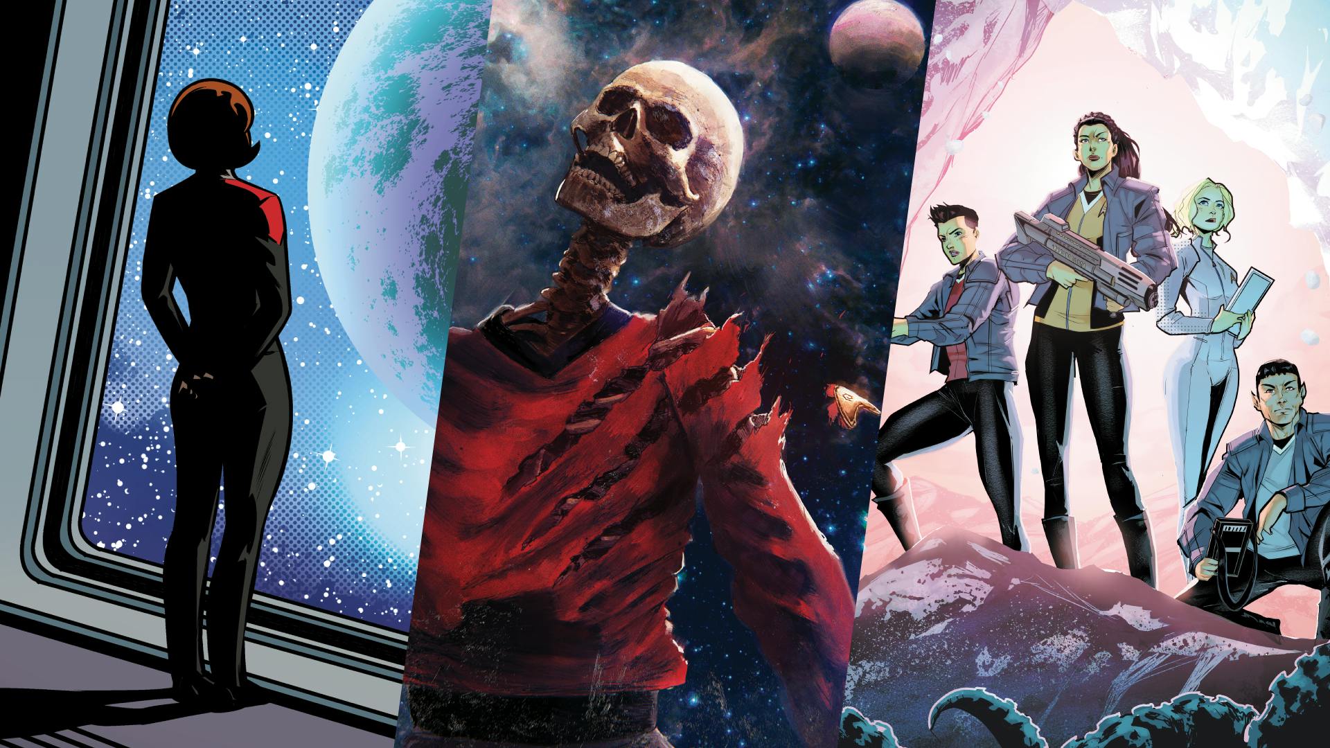 Composite featuring IDW comic series comic covers for STAR TREK: VOYAGER - HOMECOMING, STAR TREK: RED SHIRTS, and STAR TREK: STRANGE NEW WORLDS - THE SEEDS OF DESTRUCTION